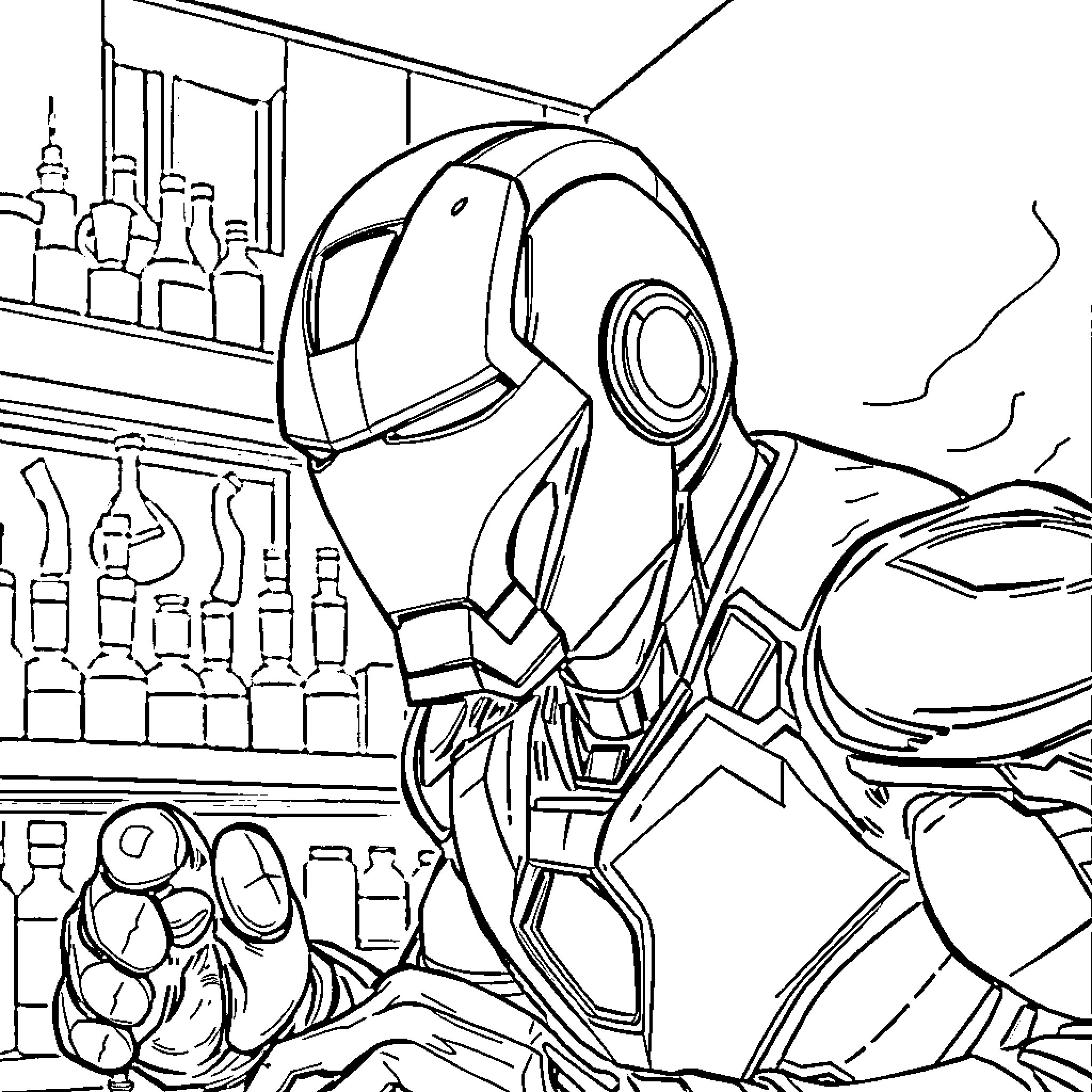 Barman serving drinks at a futuristic bar Coloring Page (free black-and-white line drawing printable PDF for all, from beginners to advanced learners, including children, teens, adults, and seniors)