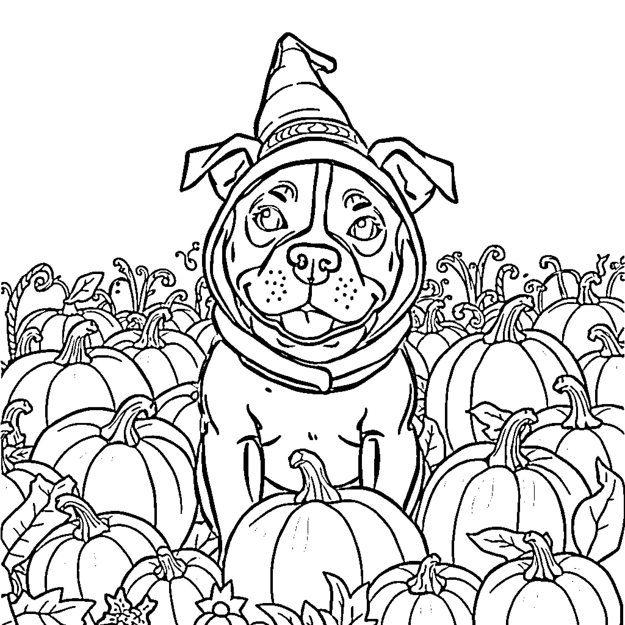 Pitbull dressed in autumn with pumpkins Coloring Page (free black-and-white line drawing printable PDF for all, from beginners to advanced learners, including children, teens, adults, and seniors)