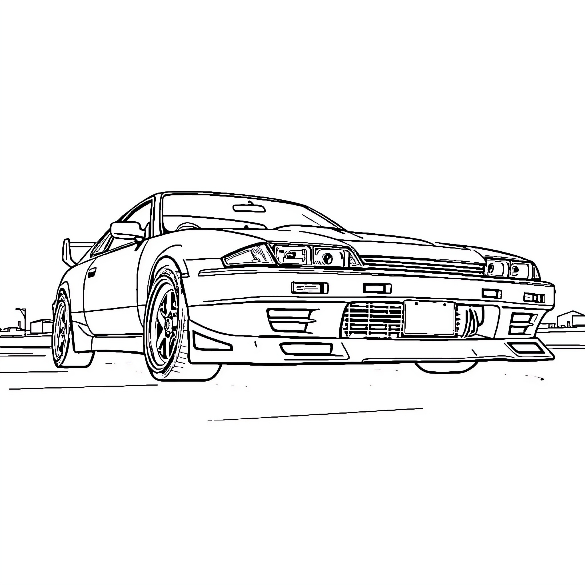 Nissan Silvia racing on the road Coloring Page (free black-and-white line drawing printable PDF for all, from beginners to advanced learners, including children, teens, adults, and seniors)