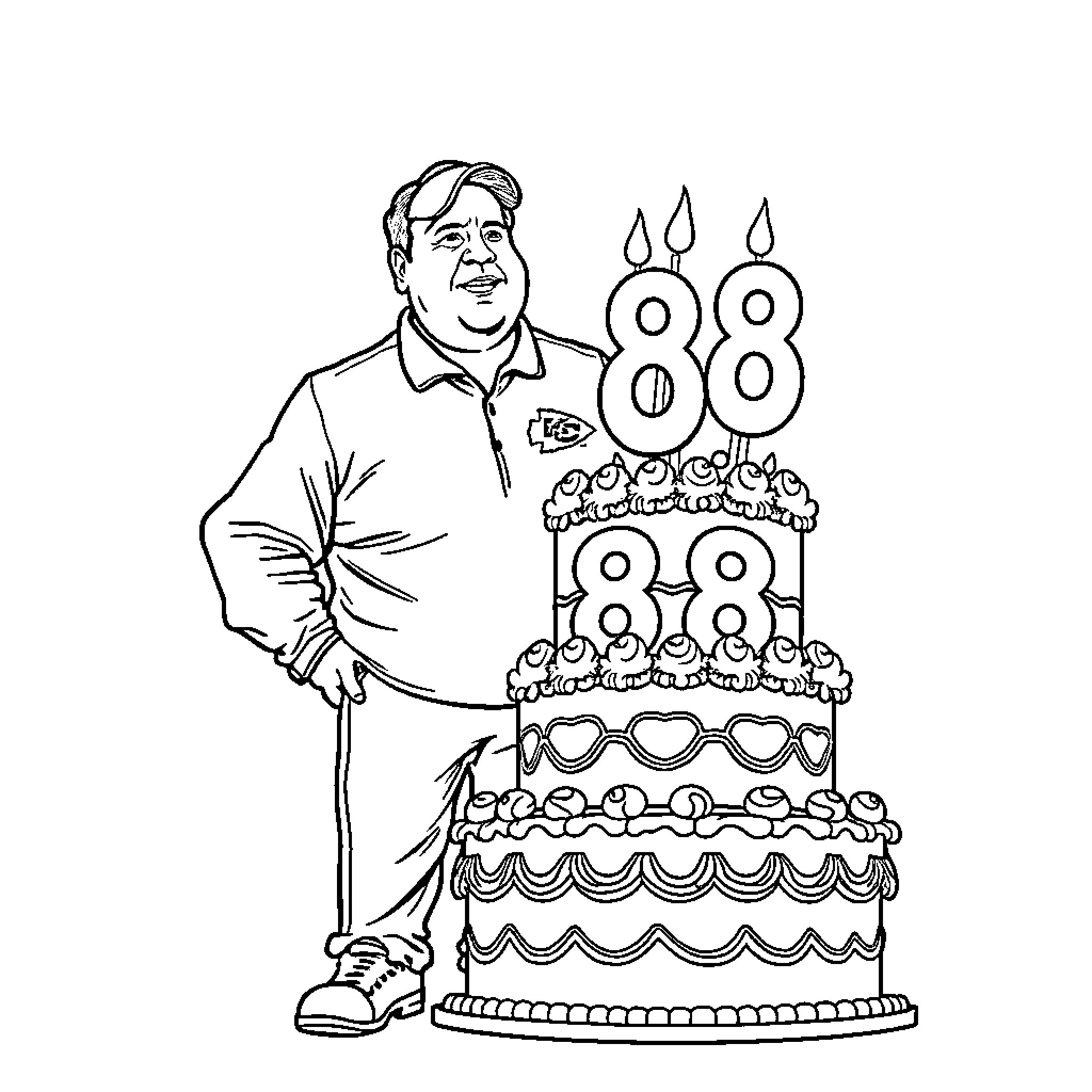 Andy Reid celebrating birthday with large cake Coloring Page (free black-and-white line drawing printable PDF for all, from beginners to advanced learners, including children, teens, adults, and seniors)