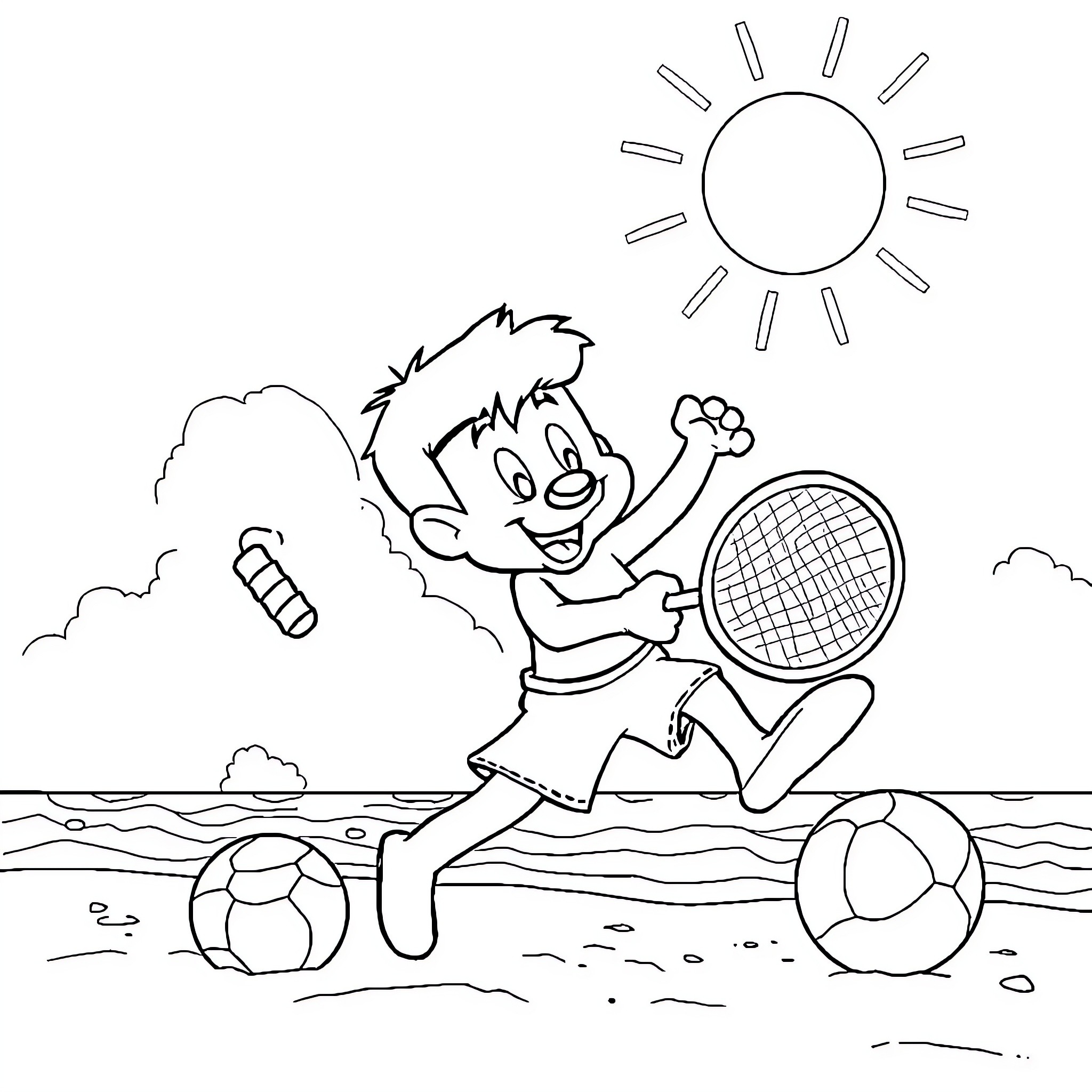 Freddy playing joyfully with beach ball and racket Coloring Page (free black-and-white line drawing printable PDF for all, from beginners to advanced learners, including children, teens, adults, and seniors)