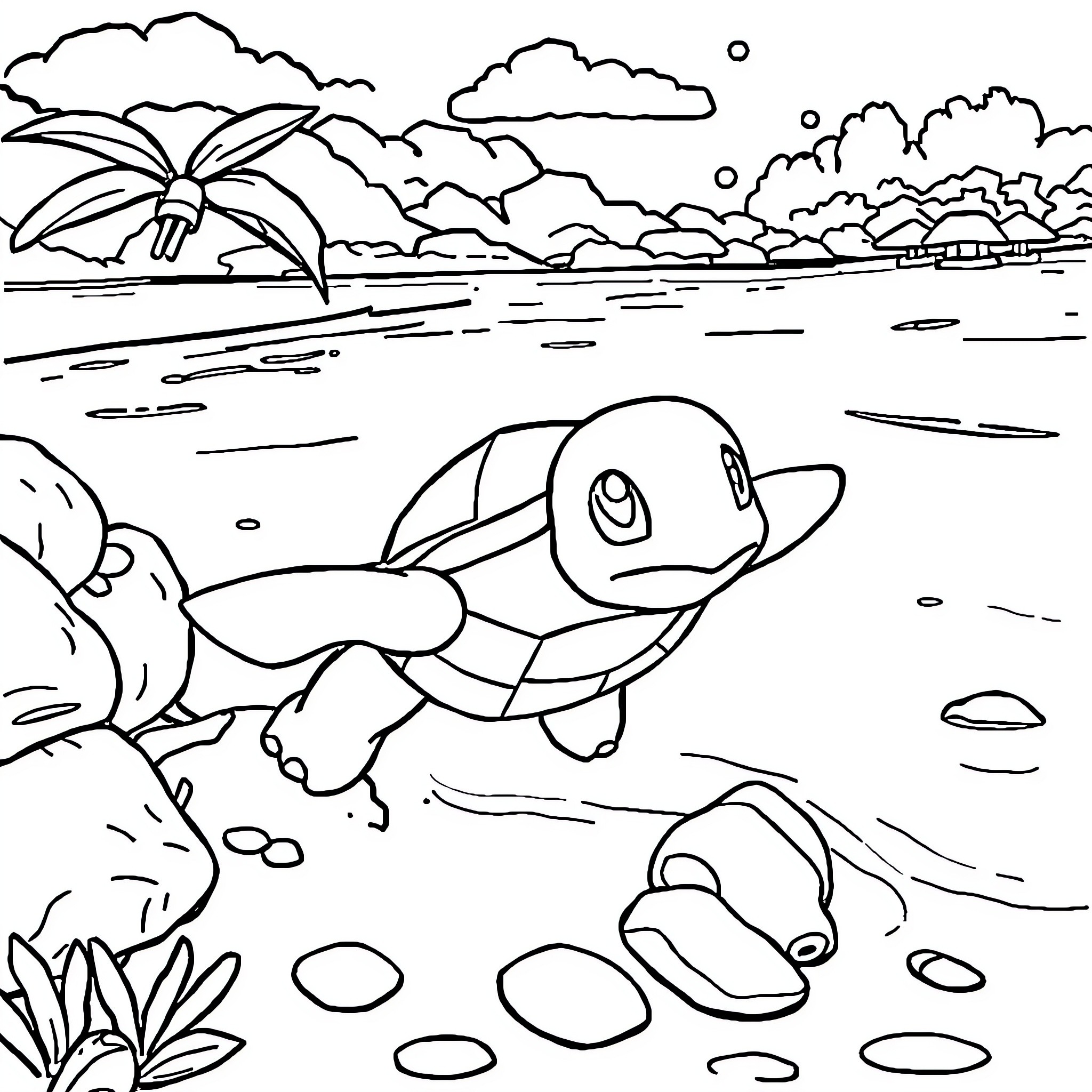 Squirtle enjoying a tropical beach scene Coloring Page (free black-and-white line drawing printable PDF for all, from beginners to advanced learners, including children, teens, adults, and seniors)