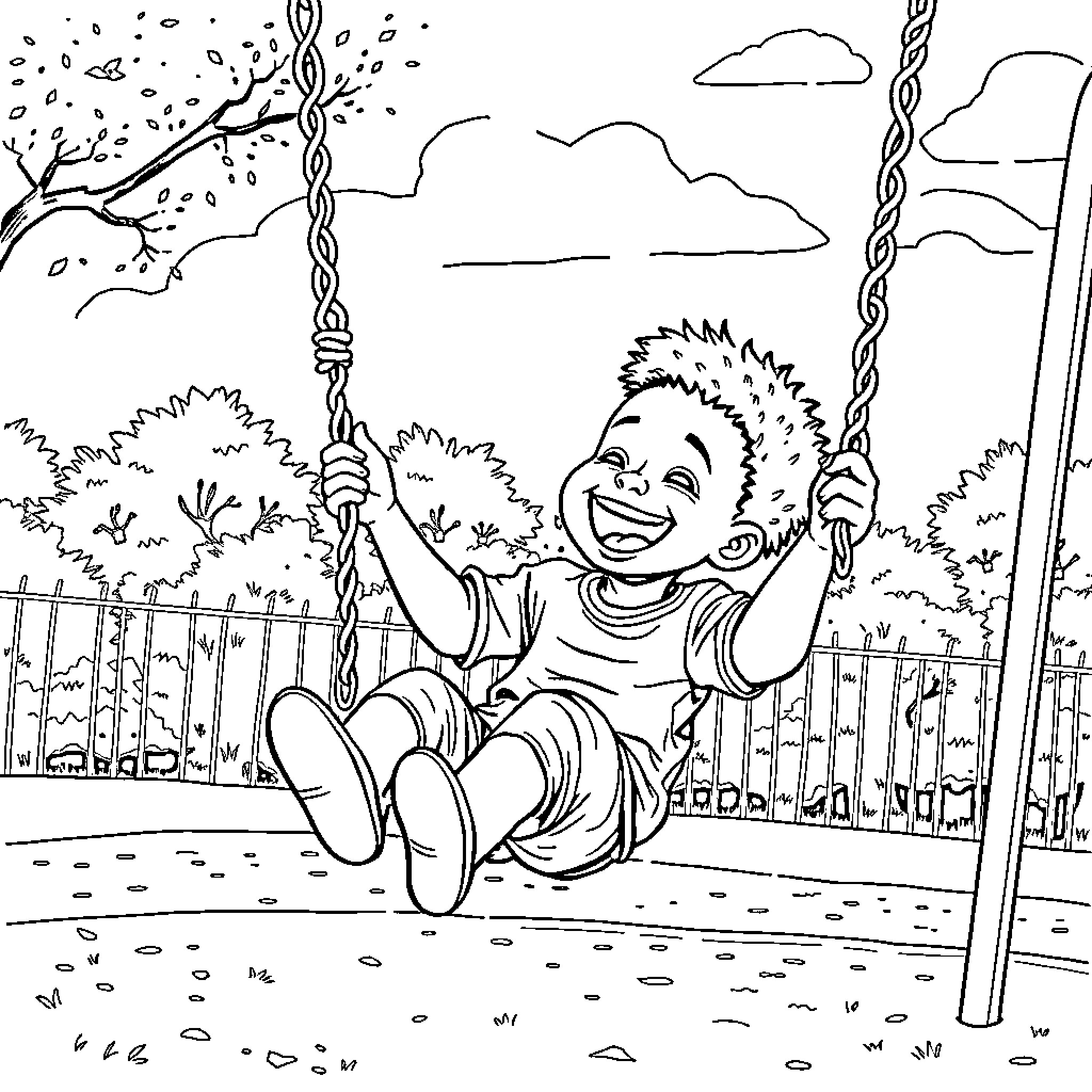 Kid enjoying a swing ride in the park Coloring Page (free black-and-white line drawing printable PDF for all, from beginners to advanced learners, including children, teens, adults, and seniors)