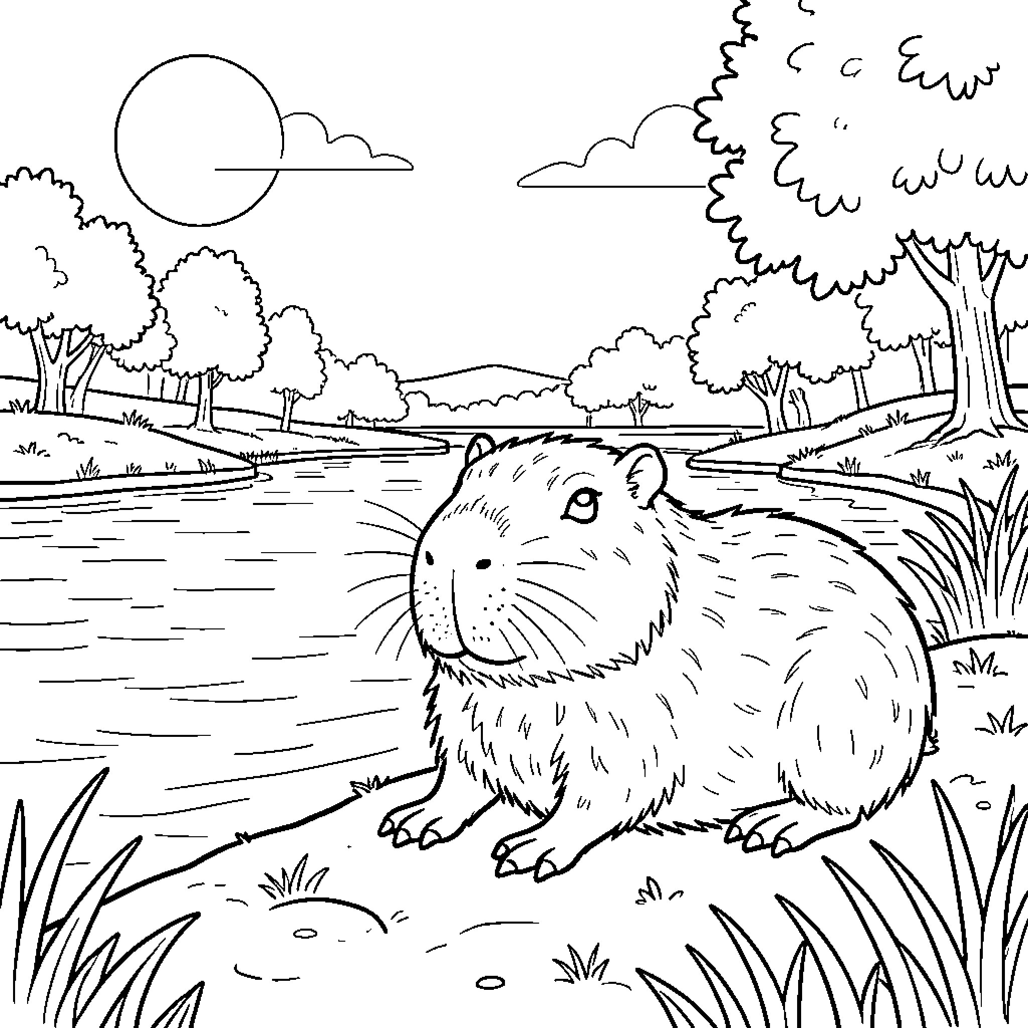 Capybara enjoying the tranquil scenery Coloring Page (free black-and-white line drawing printable PDF for all, from beginners to advanced learners, including children, teens, adults, and seniors)