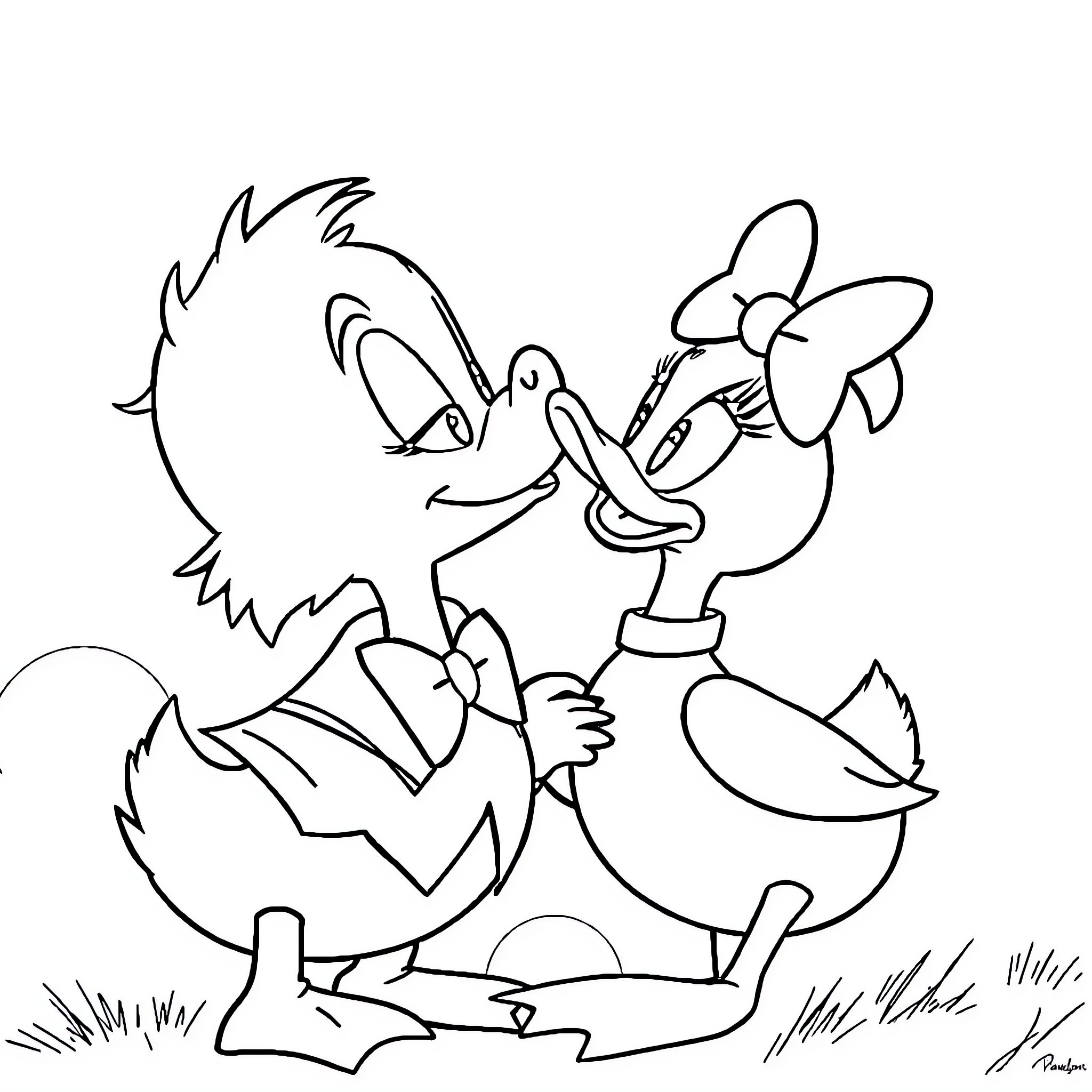 Picsou: Duck duo in comical interaction Coloring Page (free black-and-white line drawing printable PDF for all, from beginners to advanced learners, including children, teens, adults, and seniors)