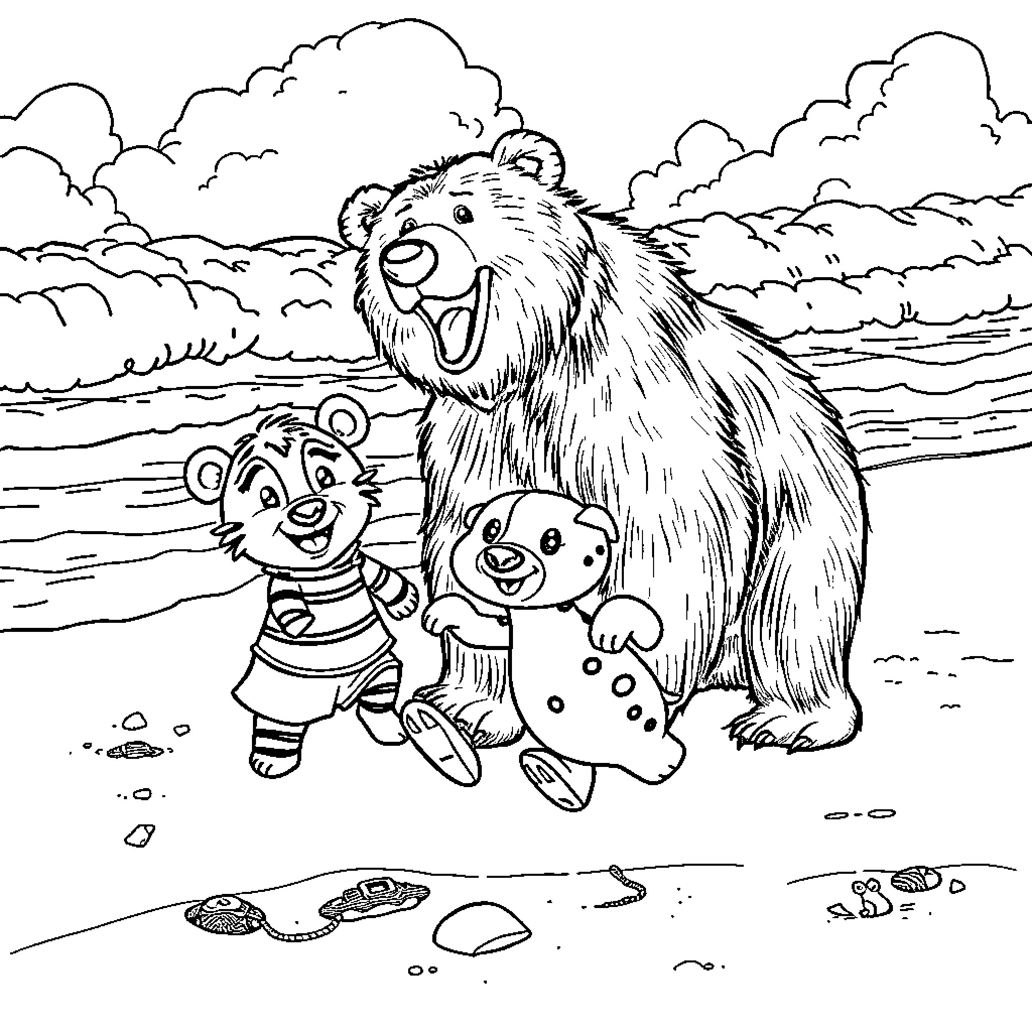 Grizzly Bears Playing with Stuffed Animals in the Snow Coloring Page (free black-and-white line drawing printable PDF for all, from beginners to advanced learners, including children, teens, adults, and seniors)