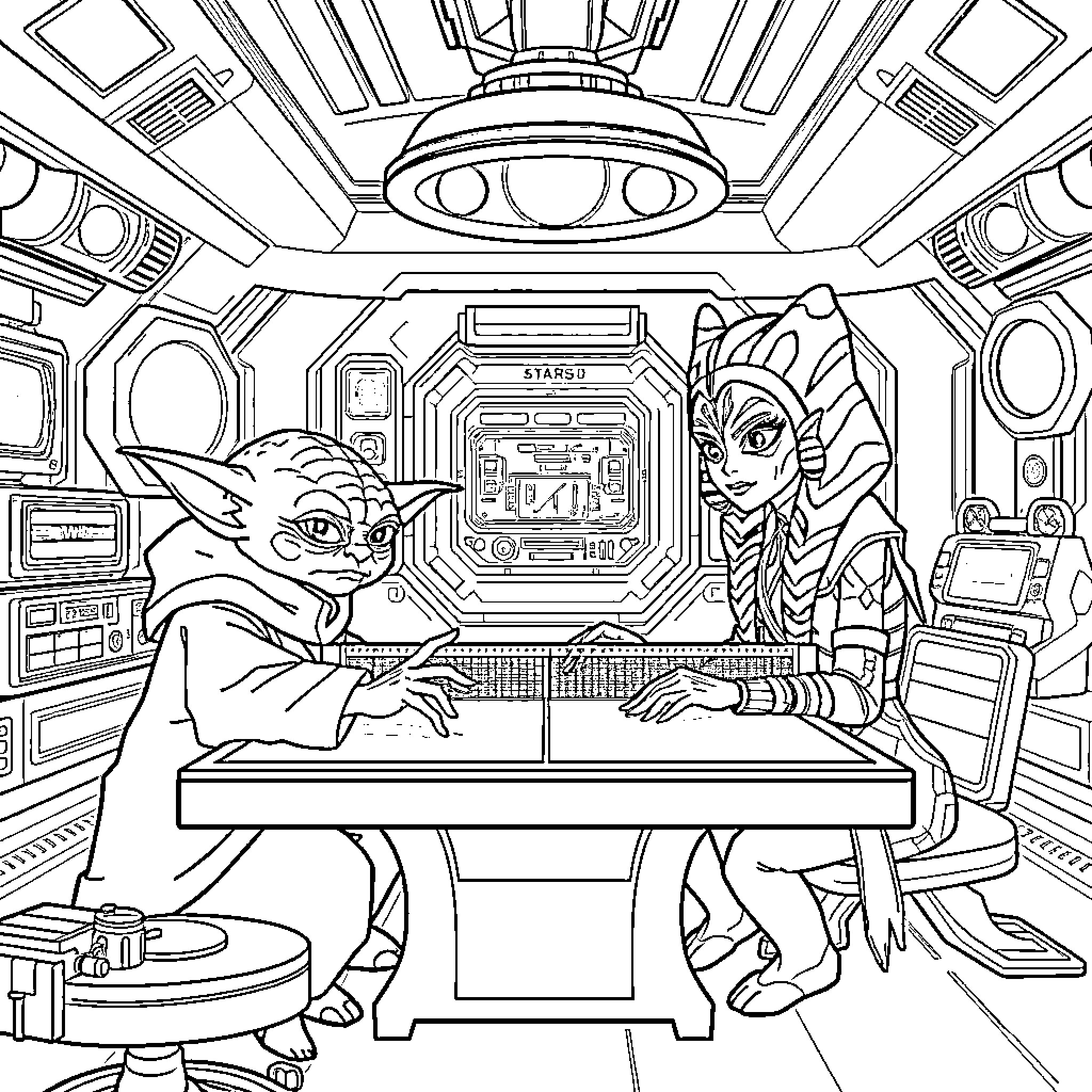 Yoda and alien playing game in futuristic spacecraft Coloring Page (free black-and-white line drawing printable PDF for all, from beginners to advanced learners, including children, teens, adults, and seniors)
