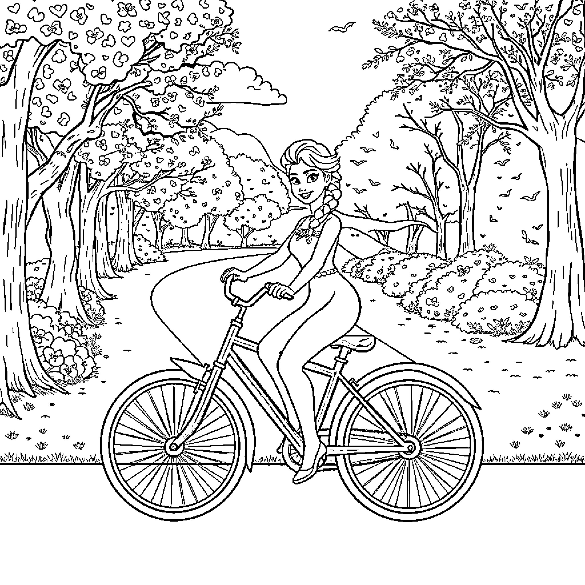 Elsa enjoys a peaceful bike ride through the forest Coloring Page (free black-and-white line drawing printable PDF for all, from beginners to advanced learners, including children, teens, adults, and seniors)