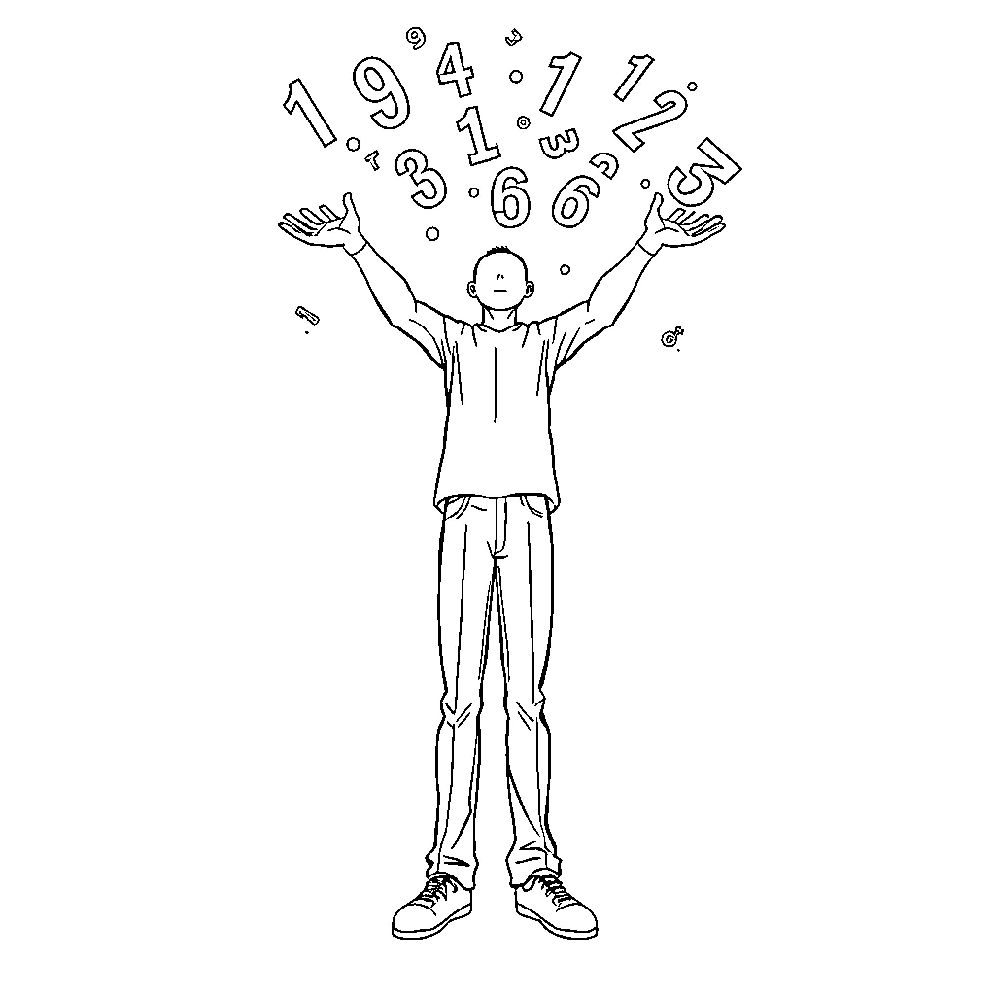 Number Figures Surrounding Person with Outstretched Arms Coloring Page (free black-and-white line drawing printable PDF for all, from beginners to advanced learners, including children, teens, adults, and seniors)