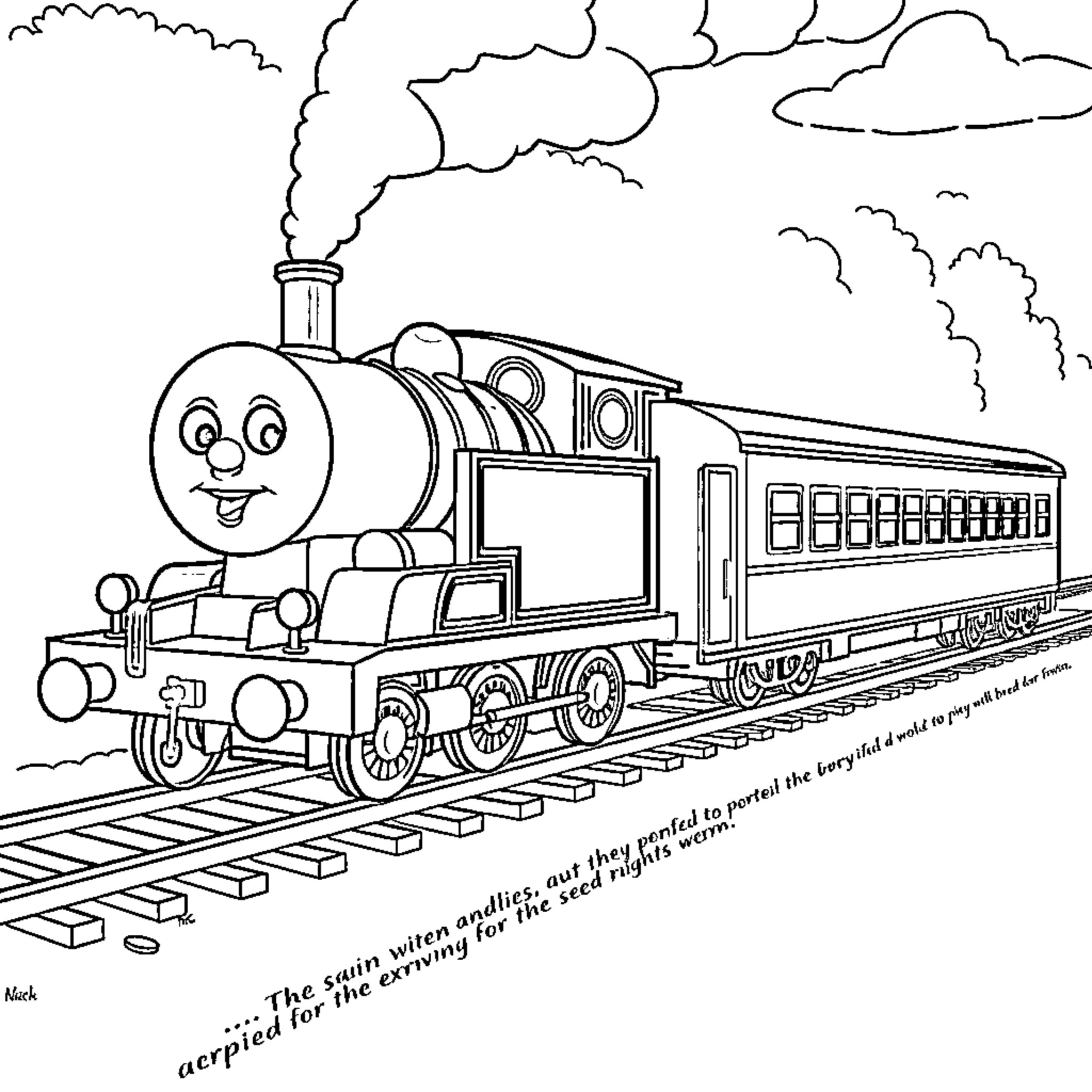 Train carrying happy passengers through the countryside Coloring Page (free black-and-white line drawing printable PDF for all, from beginners to advanced learners, including children, teens, adults, and seniors)