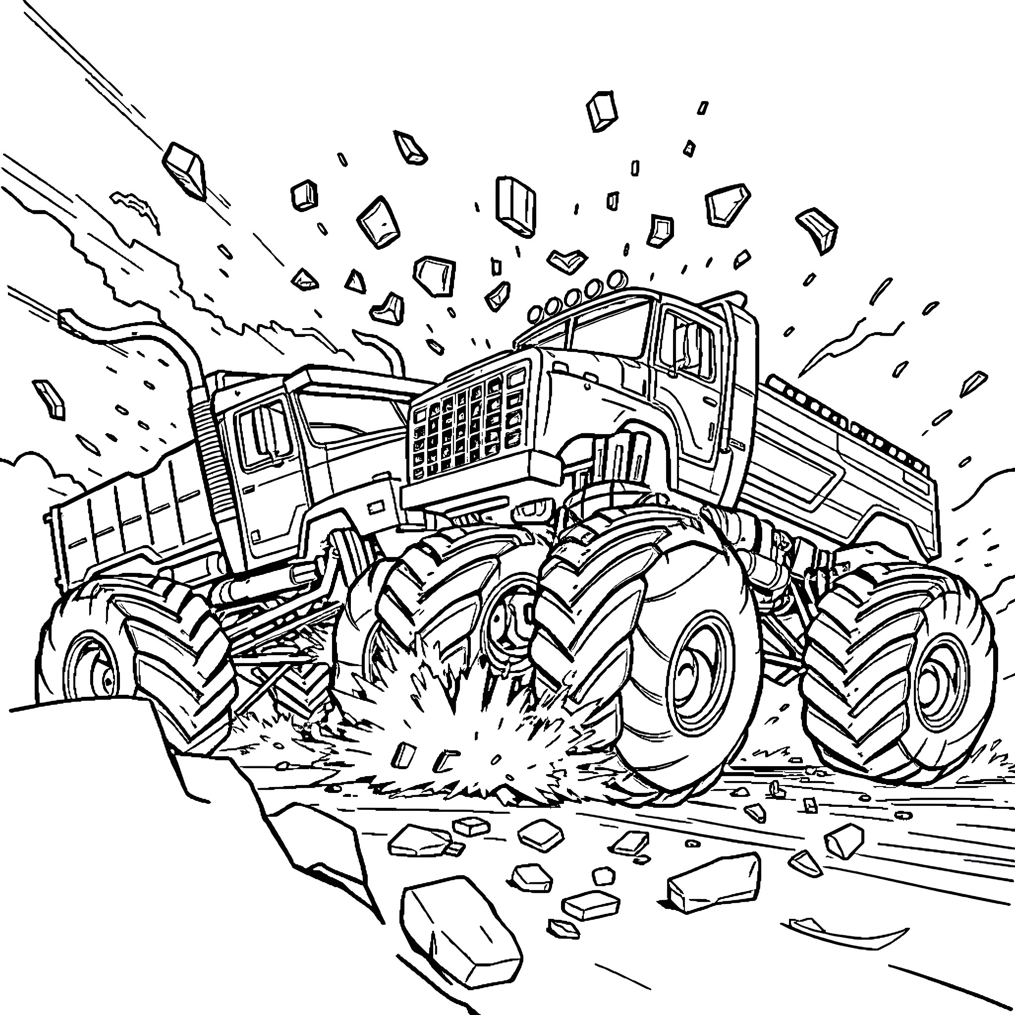 Truck driving through rugged terrain Coloring Page (free black-and-white line drawing printable PDF for all, from beginners to advanced learners, including children, teens, adults, and seniors)
