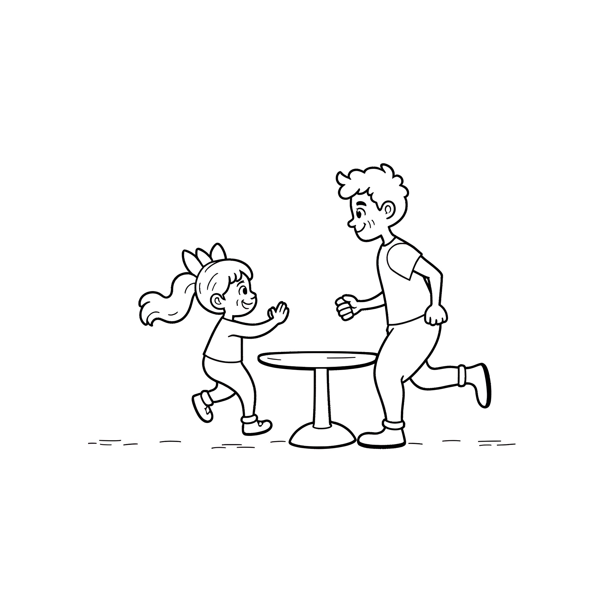 Dad and child playing at the table Coloring Page (free black-and-white line drawing printable PDF for all, from beginners to advanced learners, including children, teens, adults, and seniors)