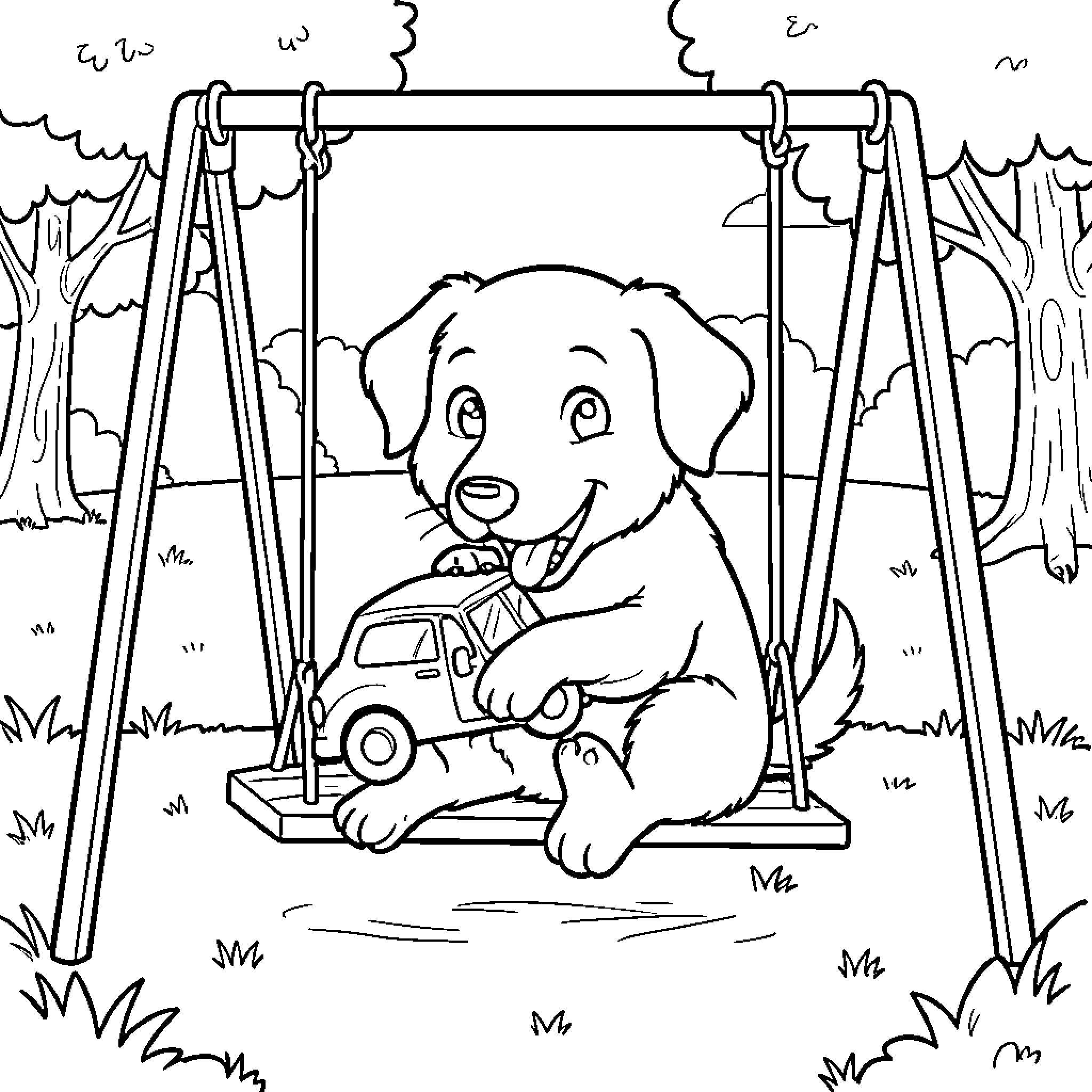 Perro sitting on a swing playing with a toy car Coloring Page (free black-and-white line drawing printable PDF for all, from beginners to advanced learners, including children, teens, adults, and seniors)
