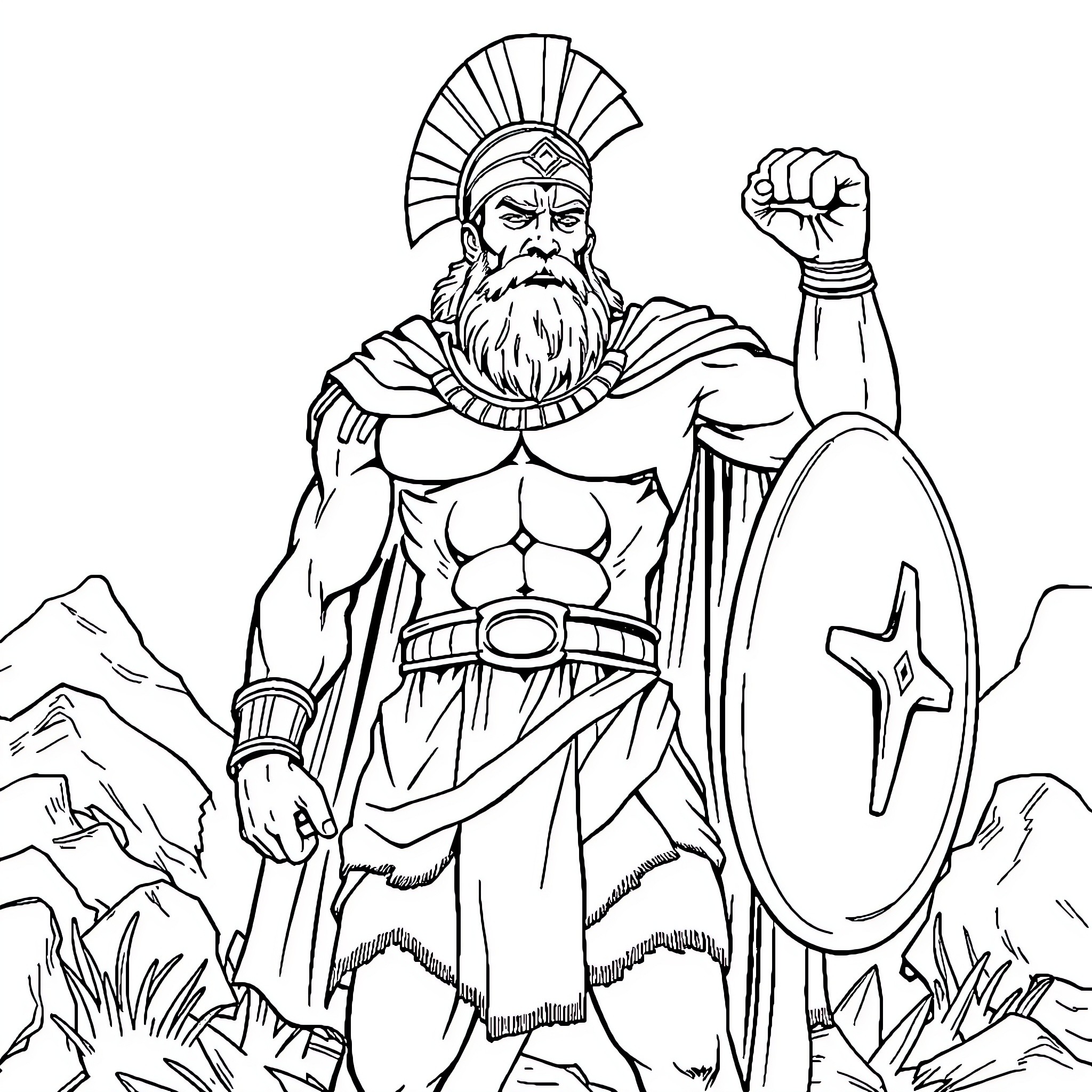 Leonidas, the Mighty Spartan Warrior, Stands Firm Coloring Page (free black-and-white line drawing printable PDF for all, from beginners to advanced learners, including children, teens, adults, and seniors)
