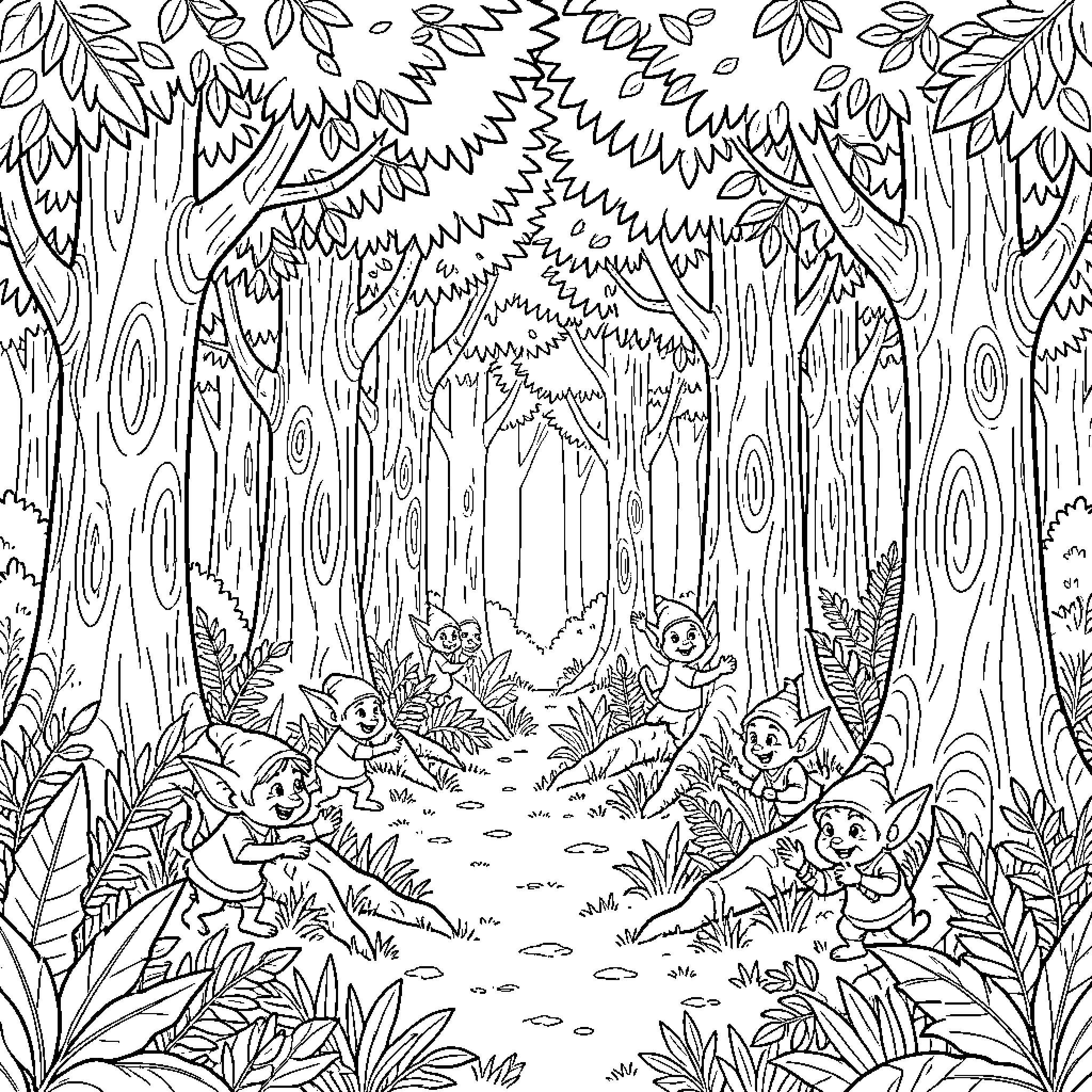 Goblin friends explore the enchanted forest Coloring Page (free black-and-white line drawing printable PDF for all, from beginners to advanced learners, including children, teens, adults, and seniors)