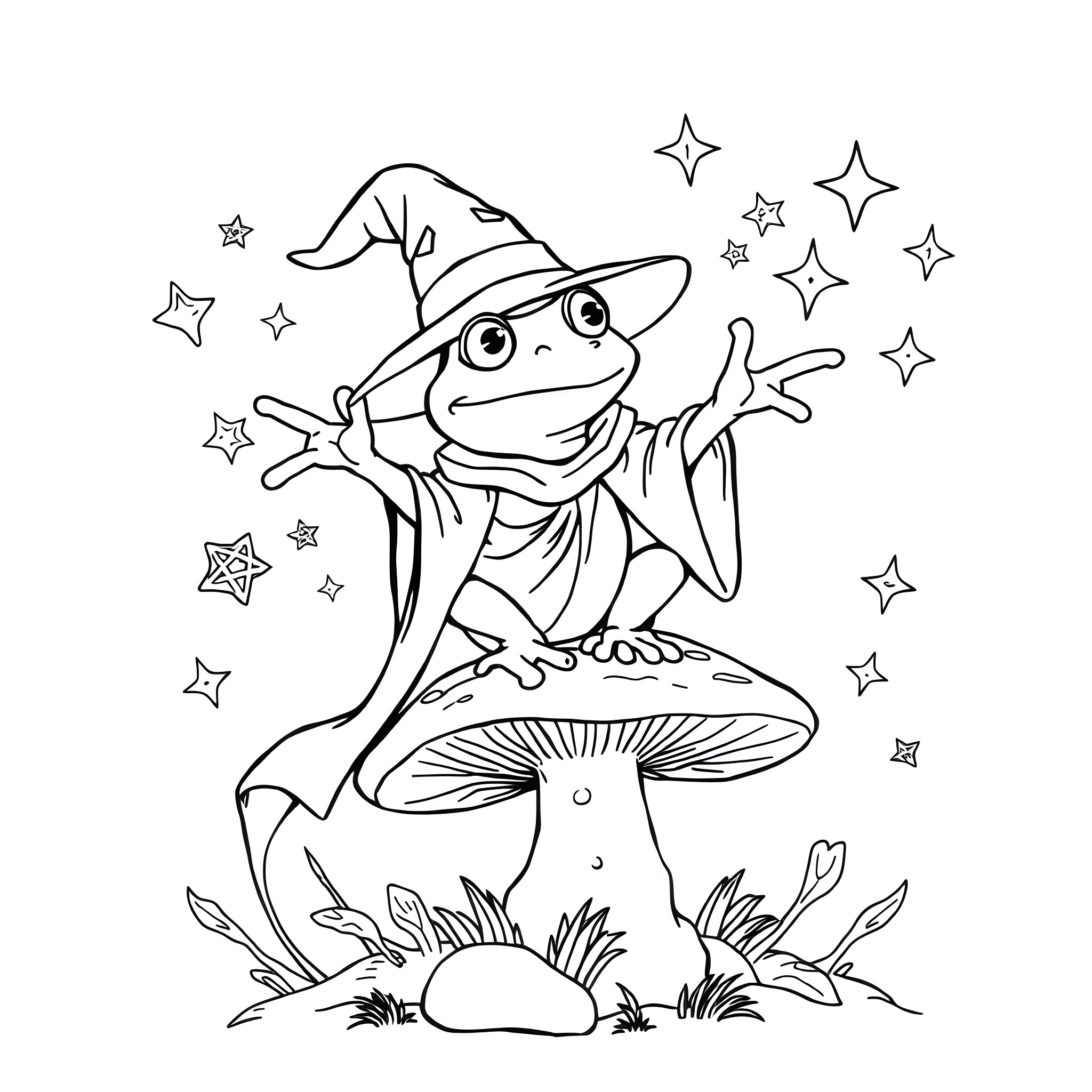 Frog wearing a witch hat and sitting on a mushroom Coloring Page (free black-and-white line drawing printable PDF for all, from beginners to advanced learners, including children, teens, adults, and seniors)
