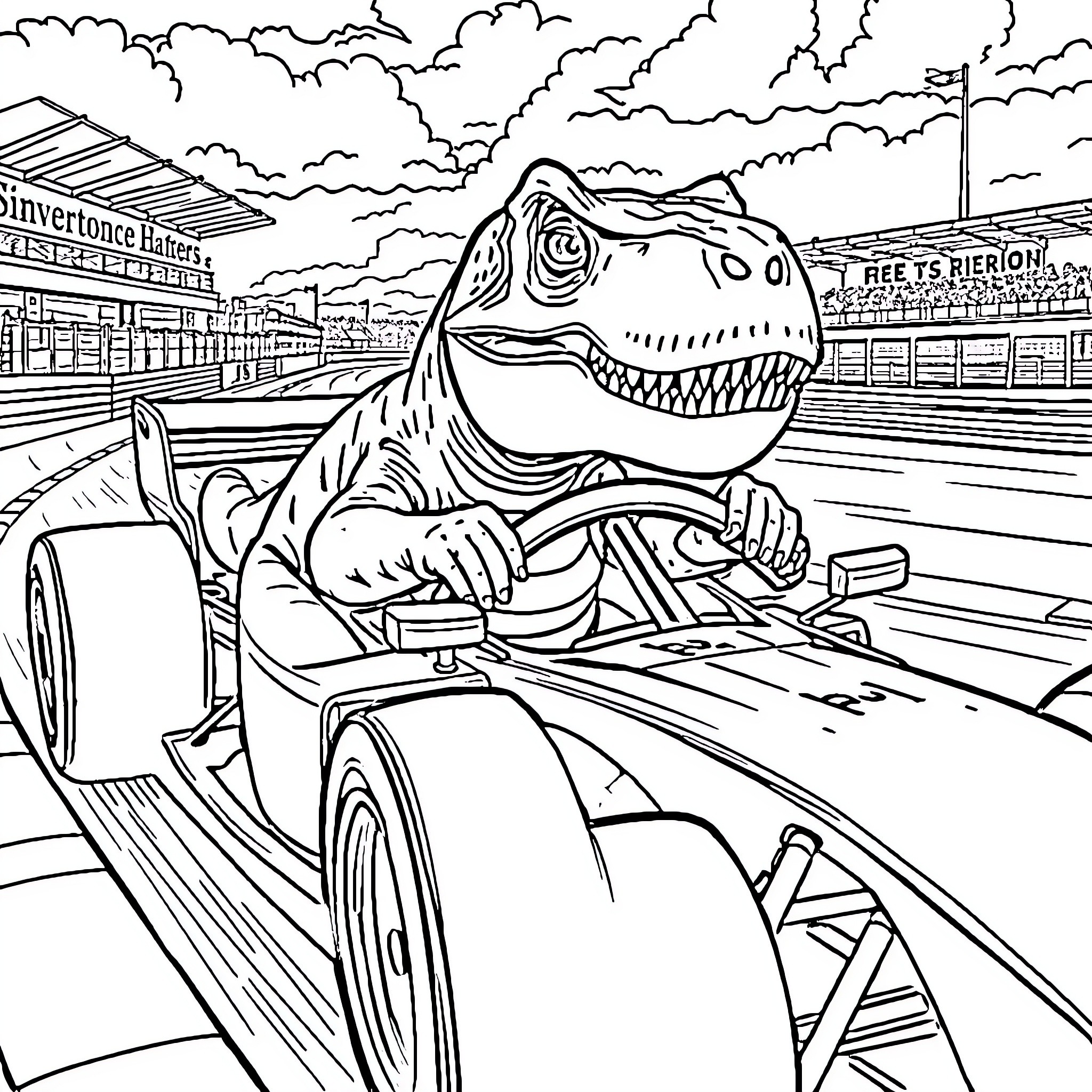 T-Rex Racing Recklessly Down the Street Coloring Page (free black-and-white line drawing printable PDF for all, from beginners to advanced learners, including children, teens, adults, and seniors)