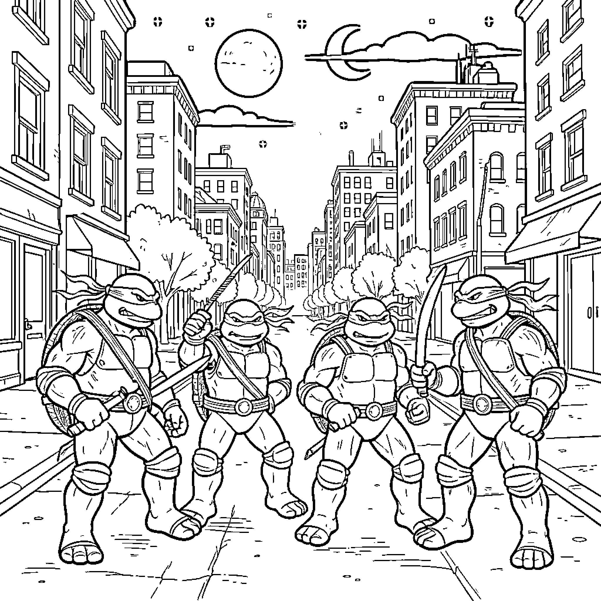 Teenage Mutant Ninja Turtles posing heroically in the city Coloring Page (free black-and-white line drawing printable PDF for all, from beginners to advanced learners, including children, teens, adults, and seniors)