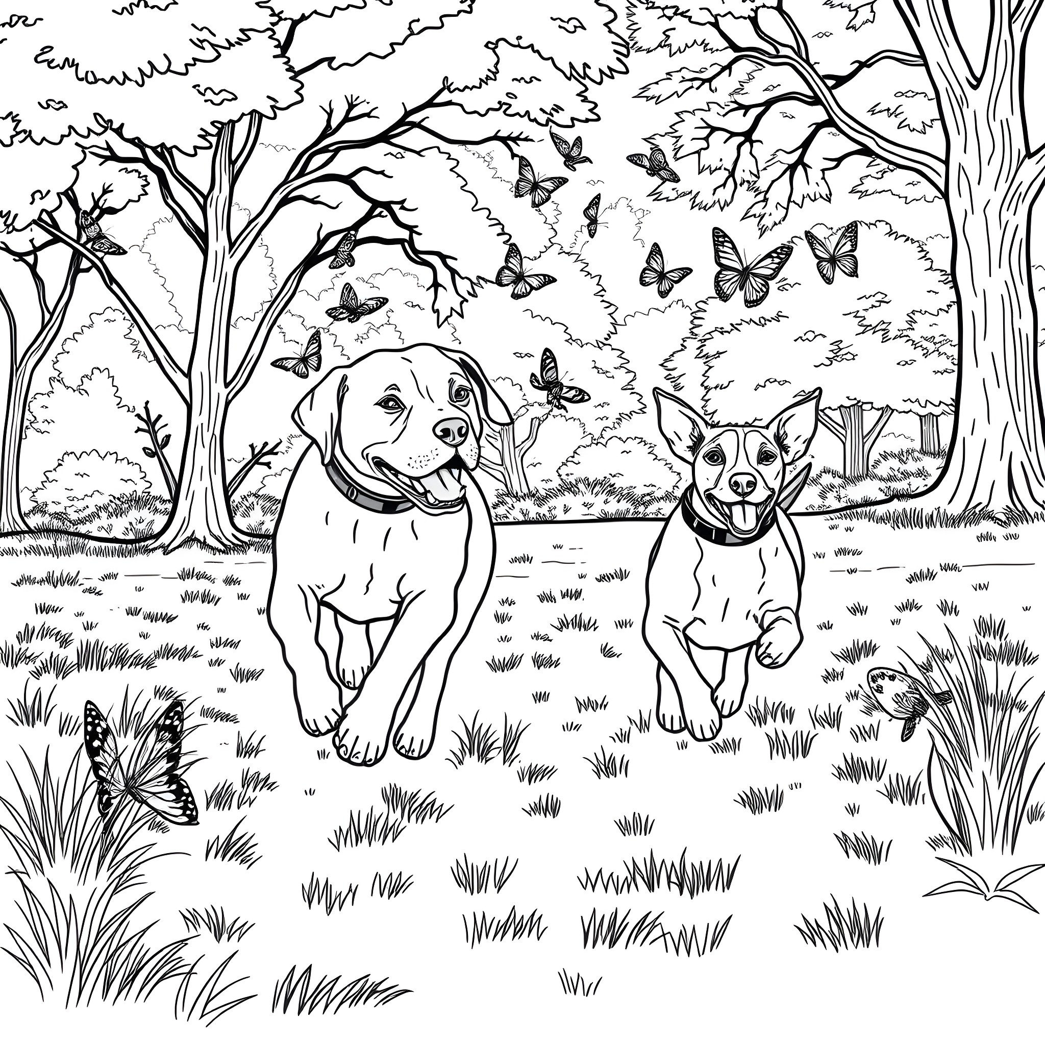 Dog Companions Frolicking in the Idyllic Forest Coloring Page (free black-and-white line drawing printable PDF for all, from beginners to advanced learners, including children, teens, adults, and seniors)