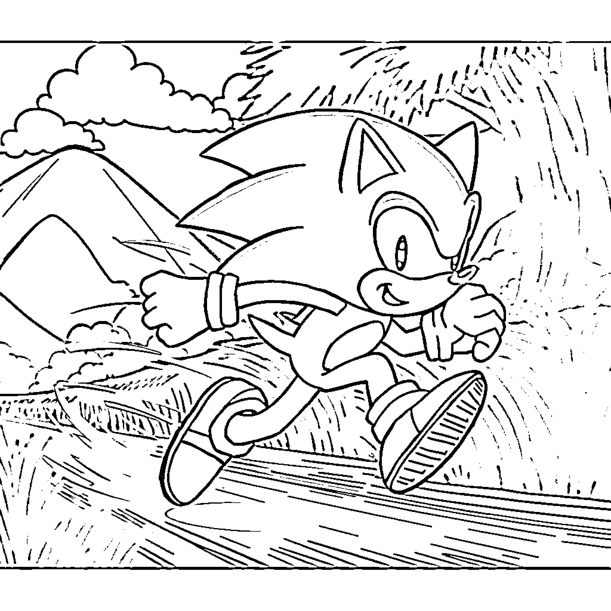 Sonic running swiftly through rugged terrain Coloring Page (free black-and-white line drawing printable PDF for all, from beginners to advanced learners, including children, teens, adults, and seniors)