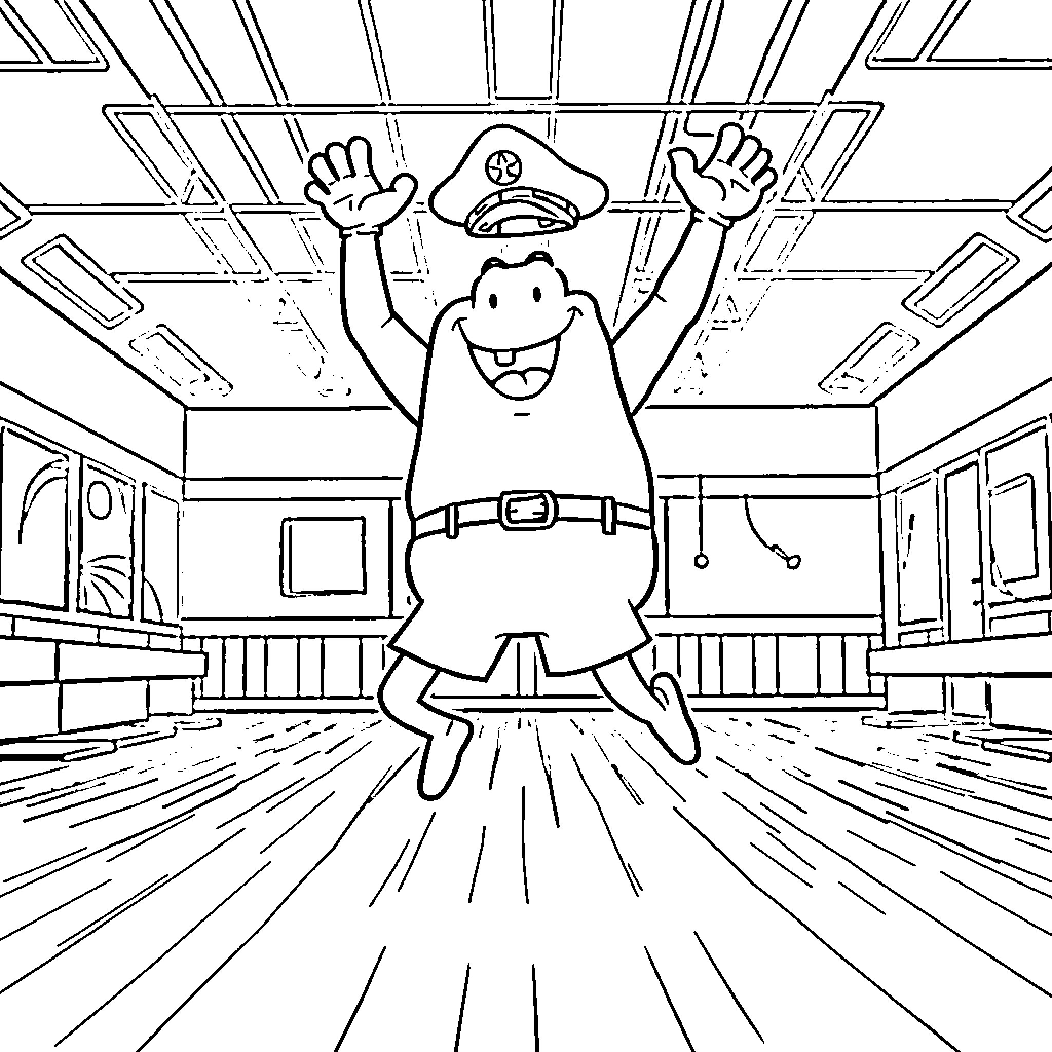 Captain Underpants saves the day in the school hallway Coloring Page (free black-and-white line drawing printable PDF for all, from beginners to advanced learners, including children, teens, adults, and seniors)
