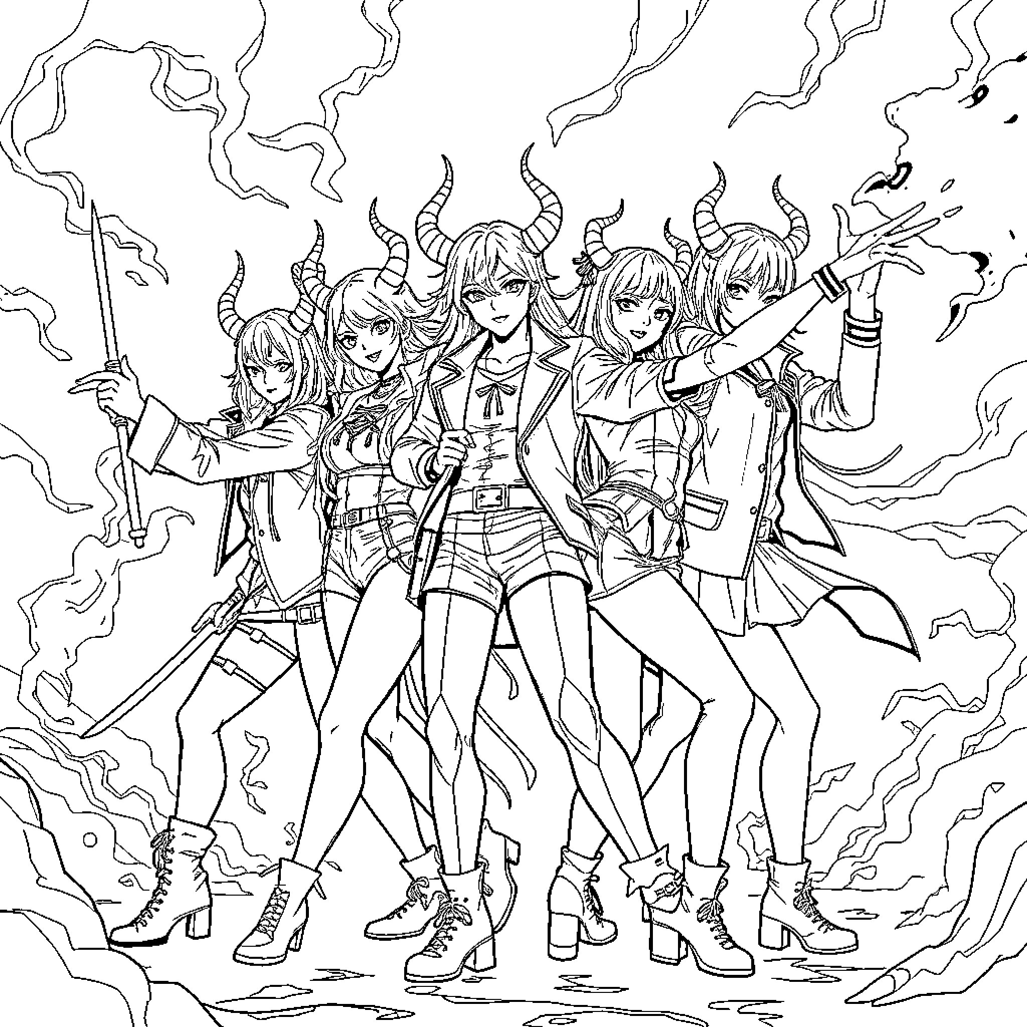 Demon Hunter Squad in Action Coloring Page (free black-and-white line drawing printable PDF for all, from beginners to advanced learners, including children, teens, adults, and seniors)