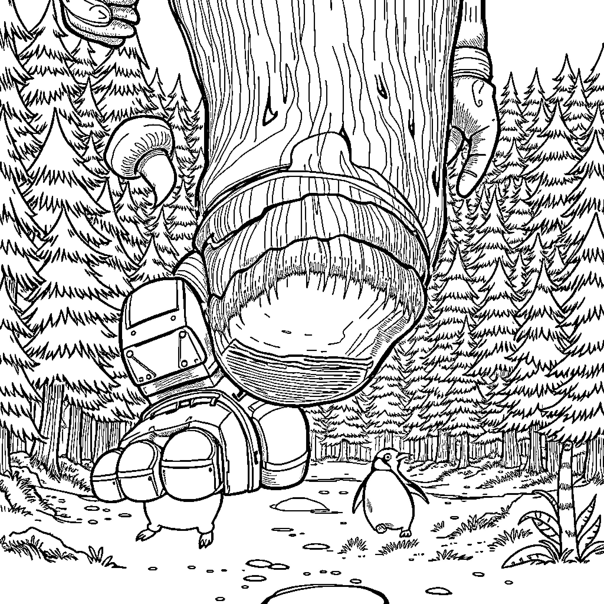 Giant adventurer exploring the forest landscape Coloring Page (free black-and-white line drawing printable PDF for all, from beginners to advanced learners, including children, teens, adults, and seniors)