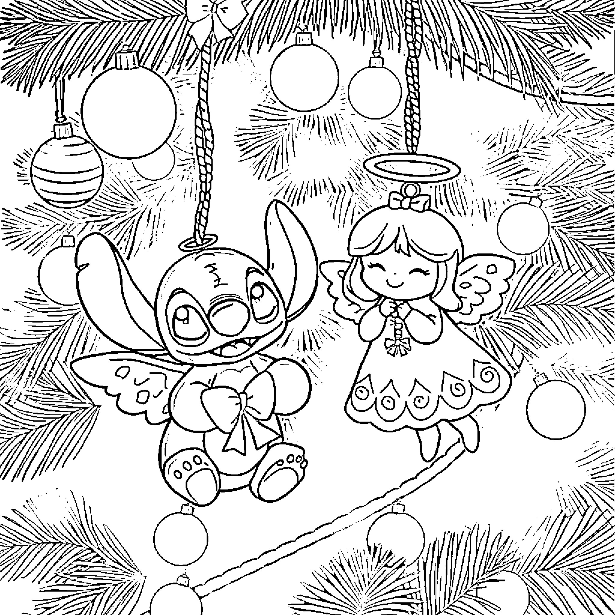 Stitch and Angel decorating Christmas tree Coloring Page (free black-and-white line drawing printable PDF for all, from beginners to advanced learners, including children, teens, adults, and seniors)