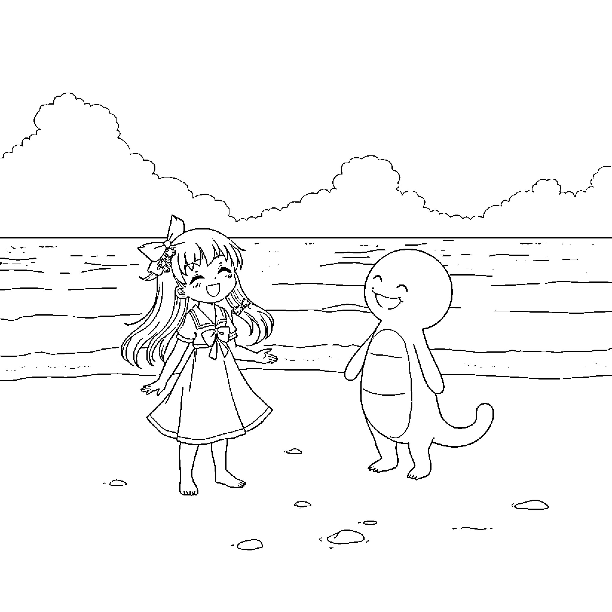 Mitsuri playing with a cheerful creature on the beach Coloring Page (free black-and-white line drawing printable PDF for all, from beginners to advanced learners, including children, teens, adults, and seniors)