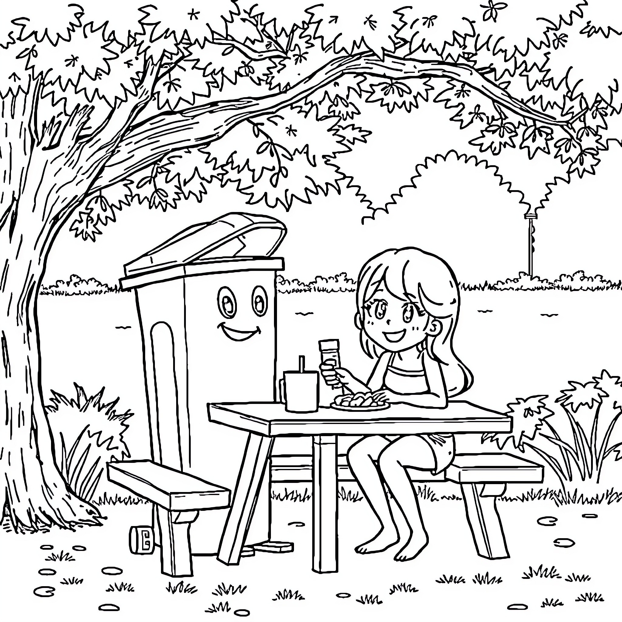 Trash Can Picnic in the Woods Coloring Page (free black-and-white line drawing printable PDF for all, from beginners to advanced learners, including children, teens, adults, and seniors)