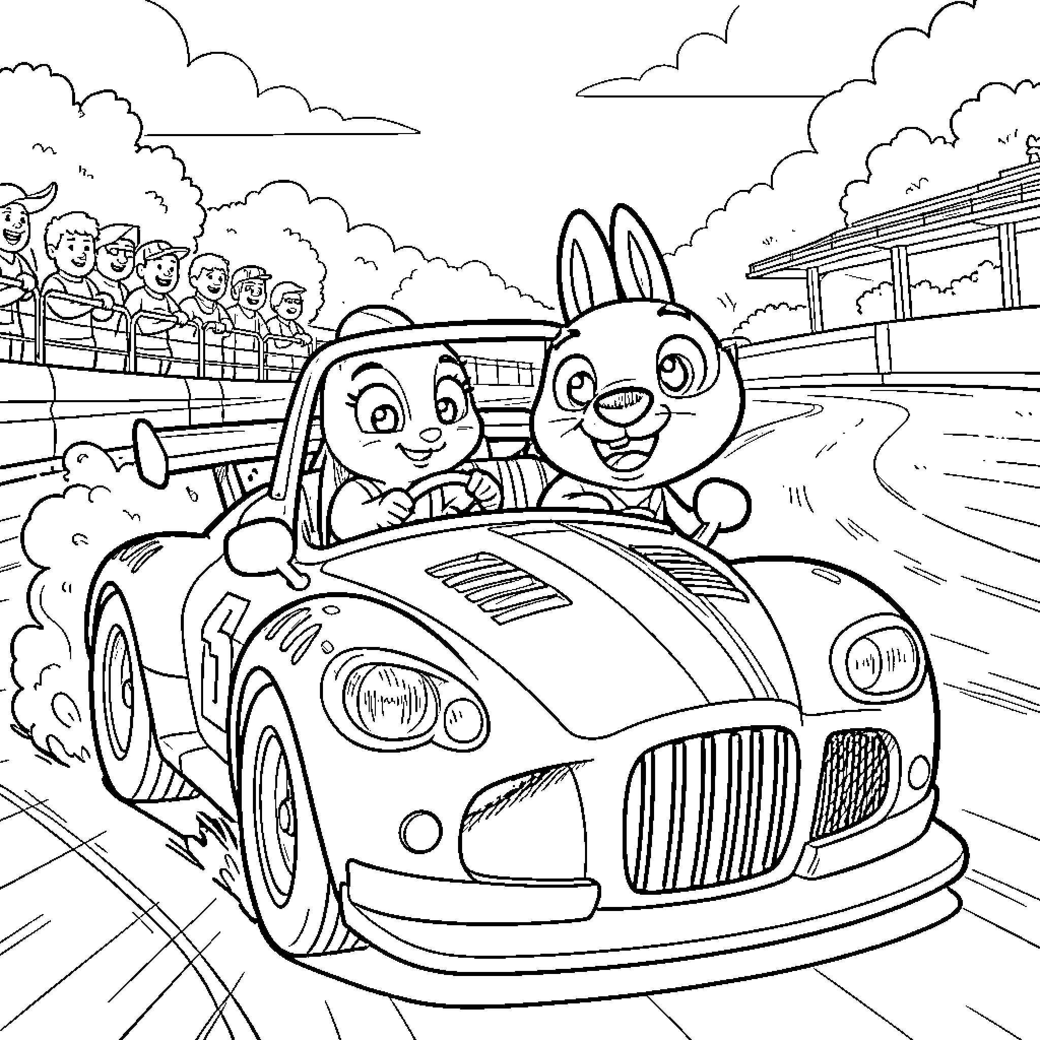 Bingo happy rabbit characters driving a fast car Coloring Page (free black-and-white line drawing printable PDF for all, from beginners to advanced learners, including children, teens, adults, and seniors)