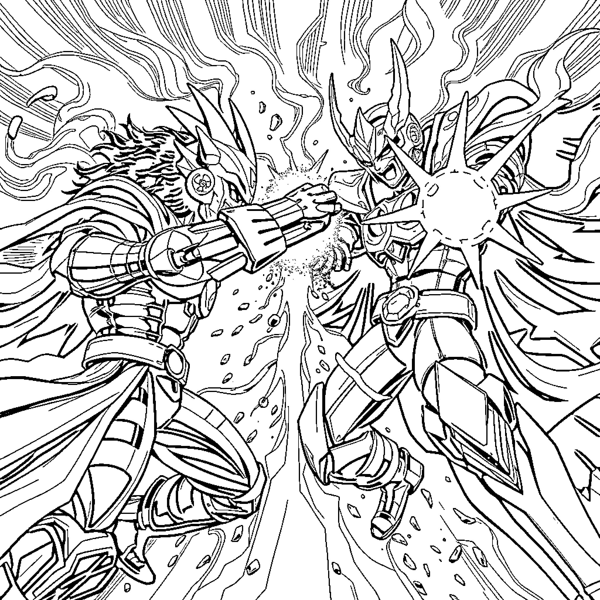 Kotetsu Jeeg: Epic Mecha Combat in Vibrant Chaos Coloring Page (free black-and-white line drawing printable PDF for all, from beginners to advanced learners, including children, teens, adults, and seniors)