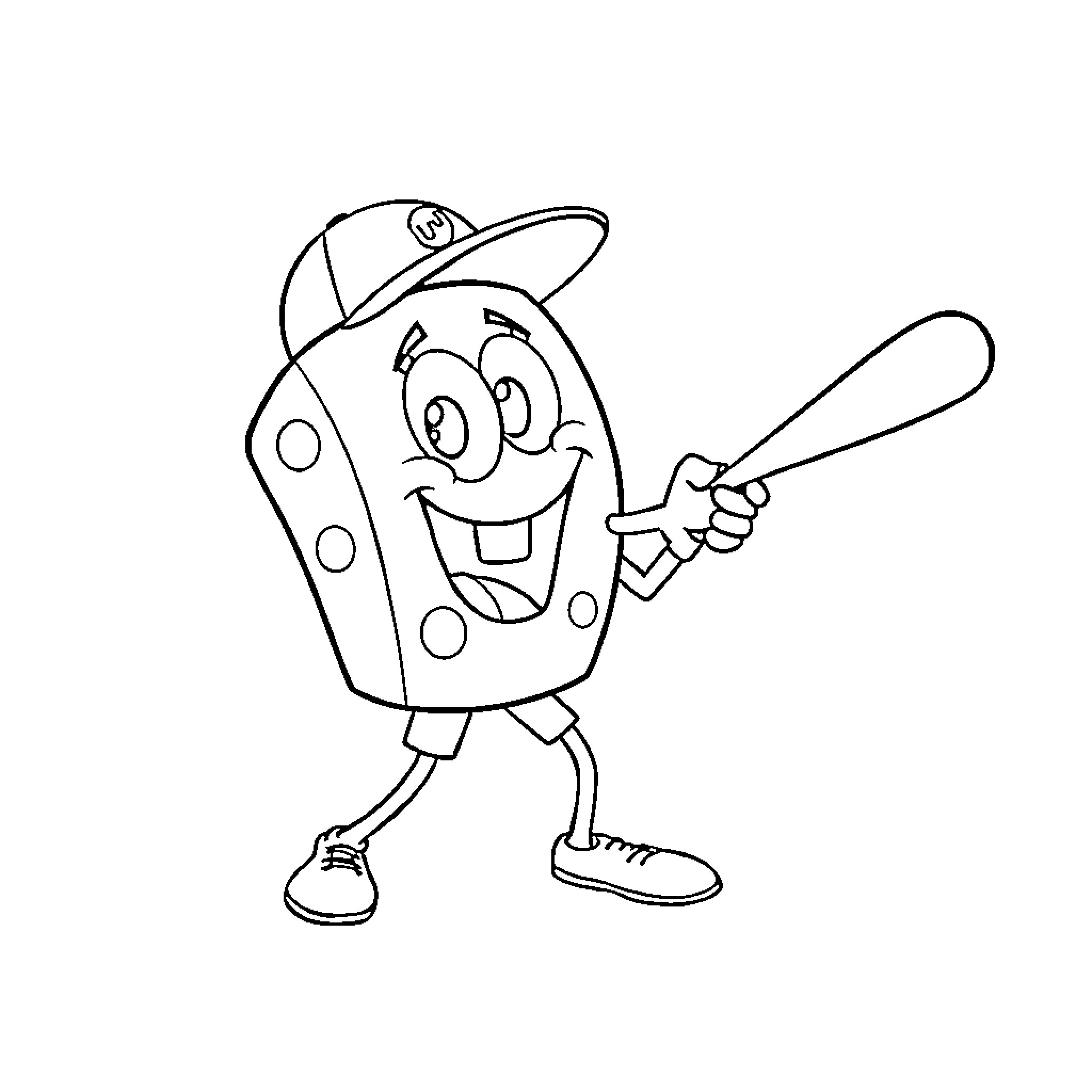Bob esponja playing baseball happily Coloring Page (free black-and-white line drawing printable PDF for all, from beginners to advanced learners, including children, teens, adults, and seniors)