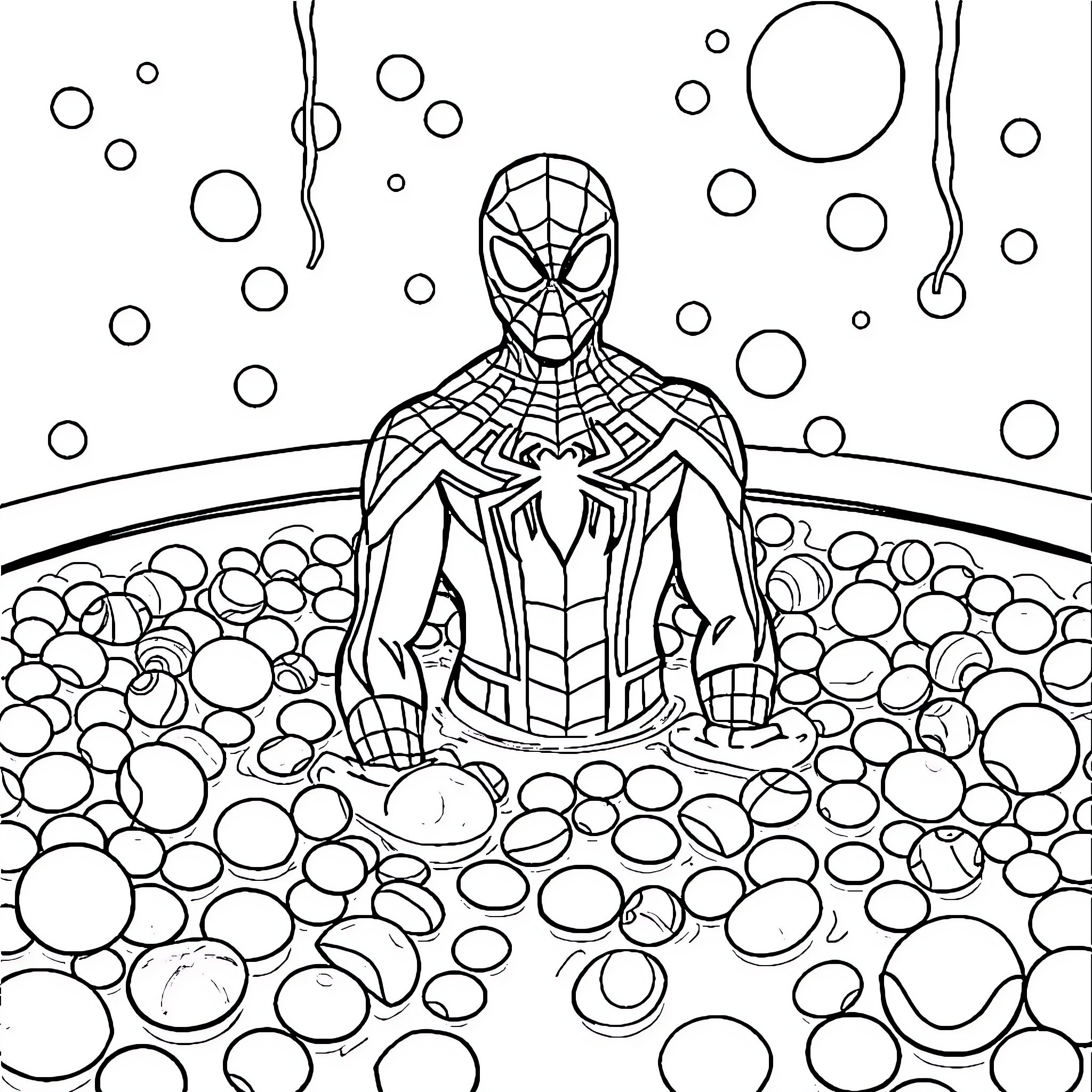 Spiderman in a surreal environment Coloring Page (free black-and-white line drawing printable PDF for all, from beginners to advanced learners, including children, teens, adults, and seniors)