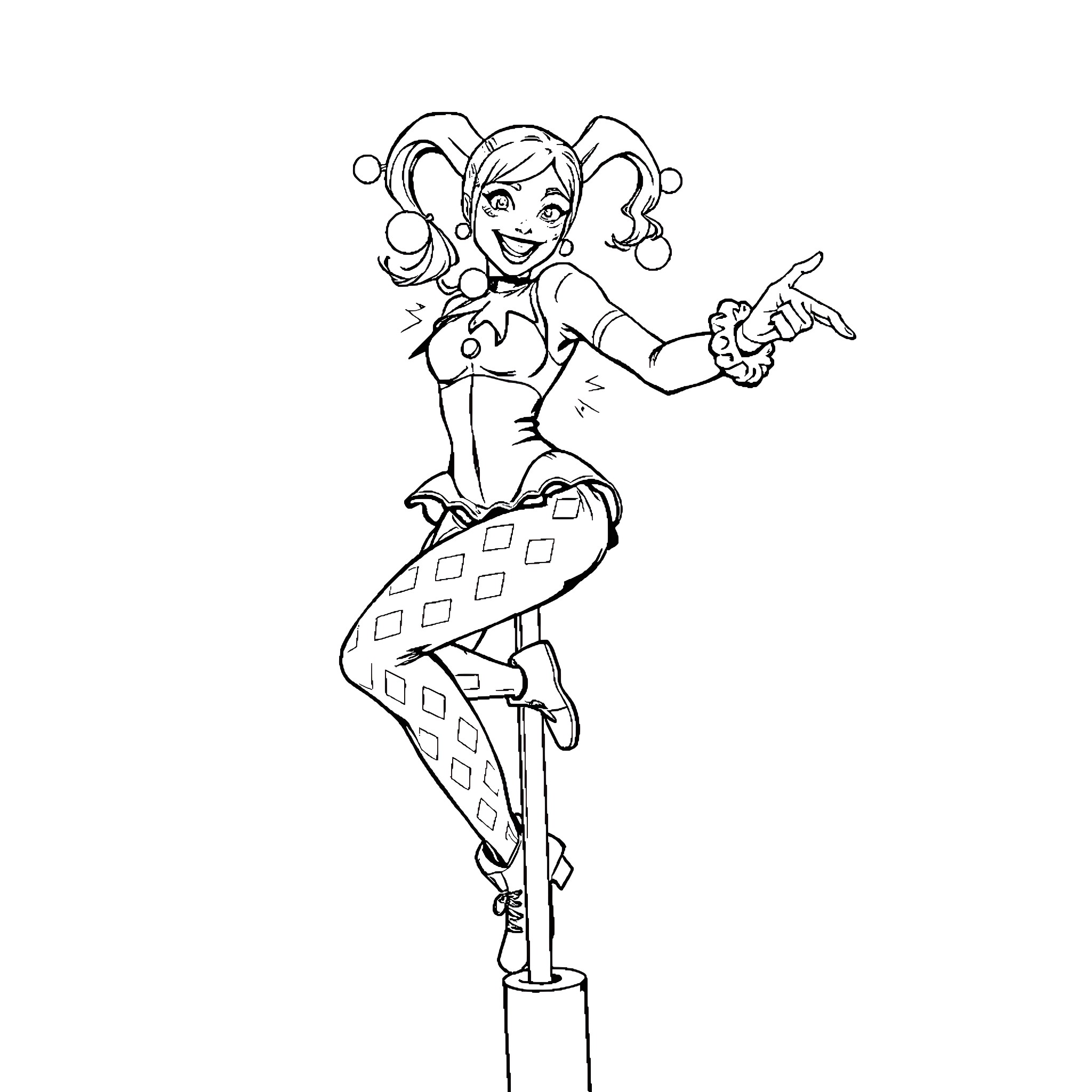 Harley Quinn's Playful Acrobatics Coloring Page (free black-and-white line drawing printable PDF for all, from beginners to advanced learners, including children, teens, adults, and seniors)