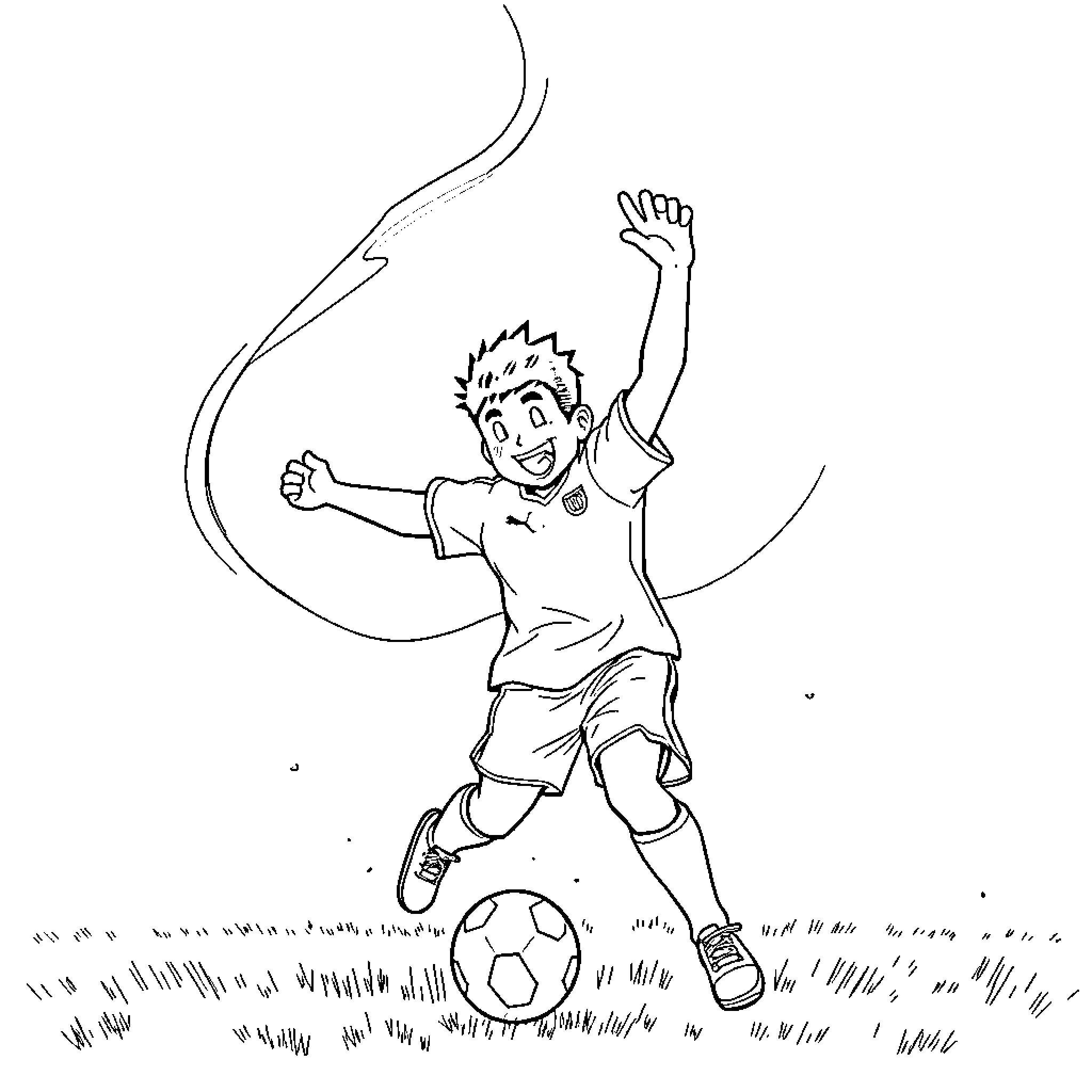 Nagi joyfully kicking soccer ball on field Coloring Page (free black-and-white line drawing printable PDF for all, from beginners to advanced learners, including children, teens, adults, and seniors)