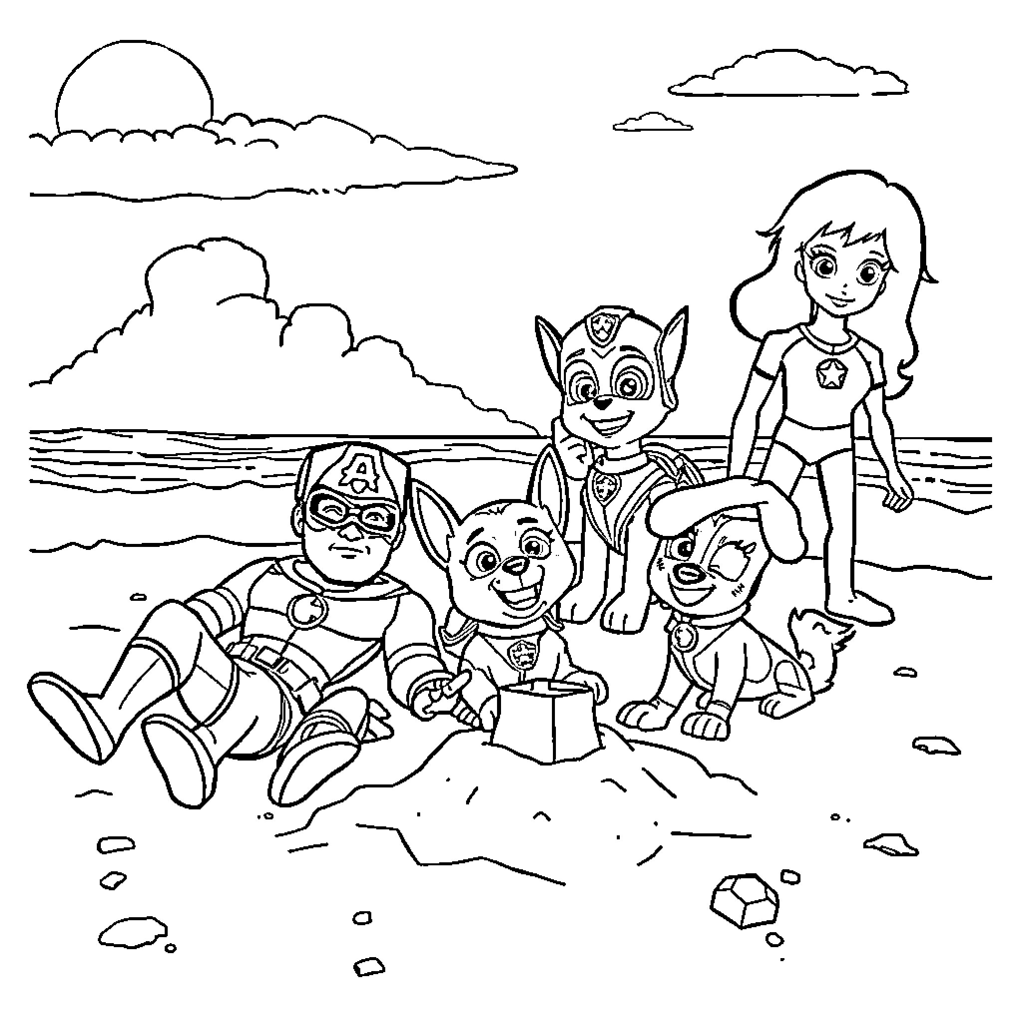 Avenger-inspired characters play on the beach Coloring Page (free black-and-white line drawing printable PDF for all, from beginners to advanced learners, including children, teens, adults, and seniors)