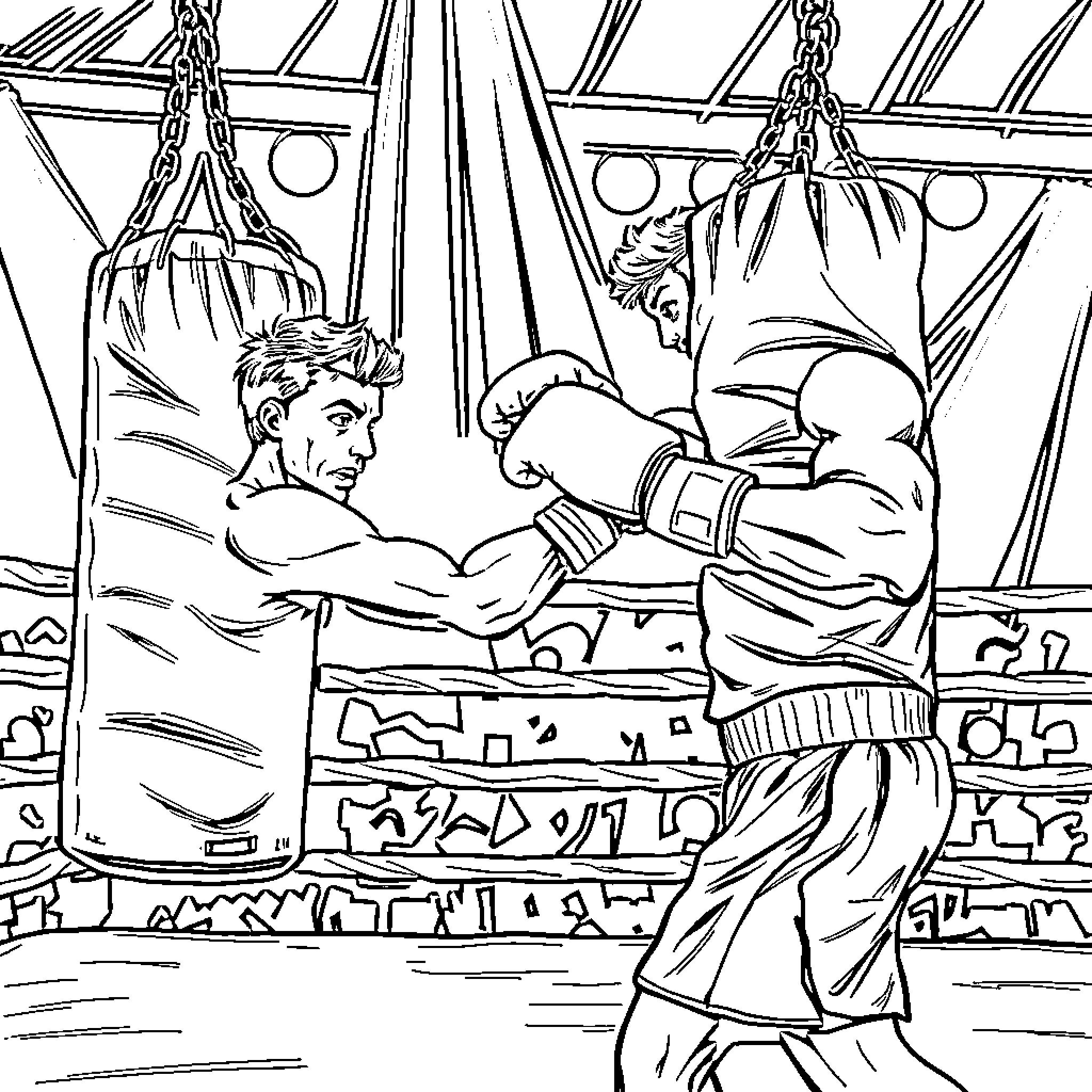Jason's intense boxing match in the ring Coloring Page (free black-and-white line drawing printable PDF for all, from beginners to advanced learners, including children, teens, adults, and seniors)