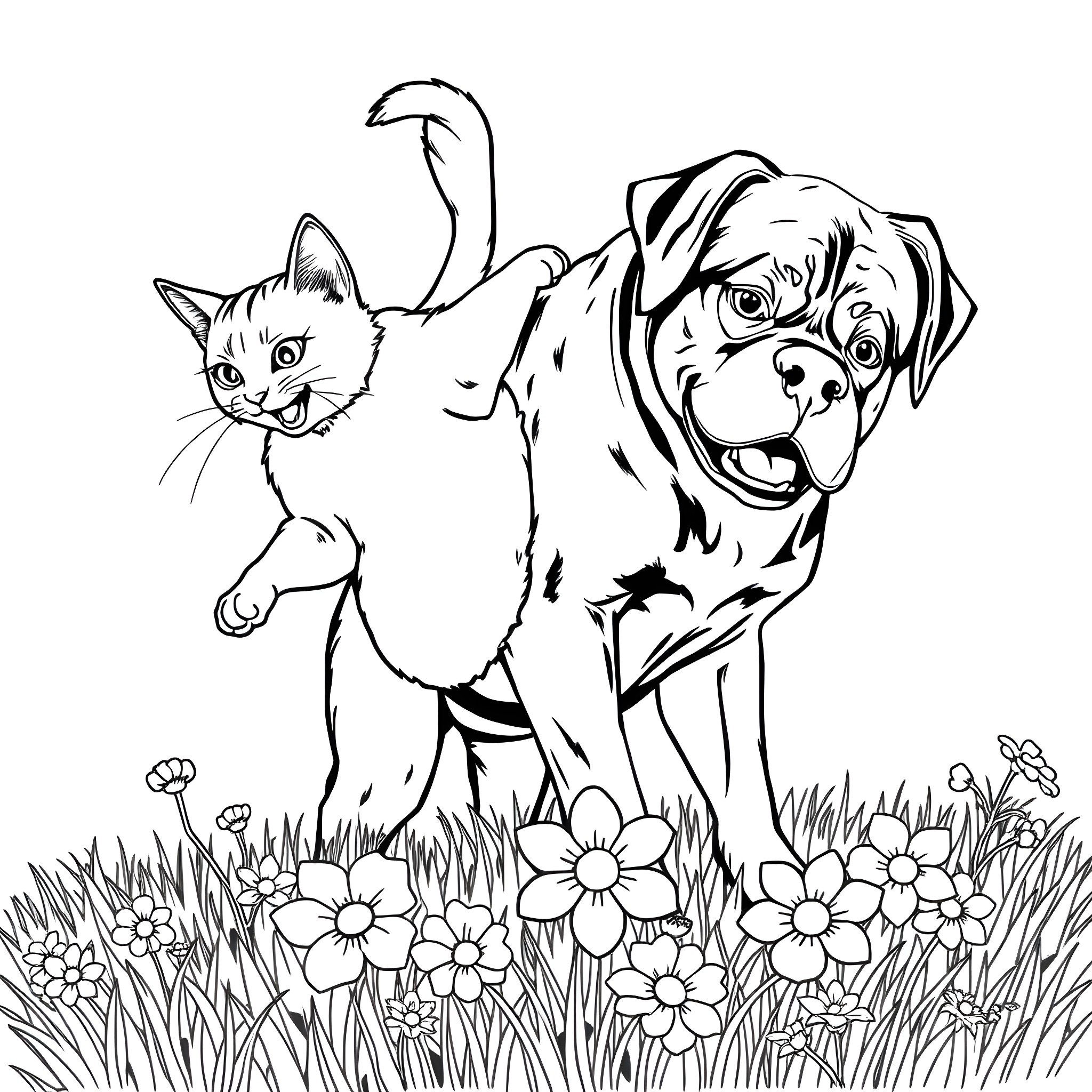 Cat and Dog Playing Happily in Meadow Coloring Page (free black-and-white line drawing printable PDF for all, from beginners to advanced learners, including children, teens, adults, and seniors)