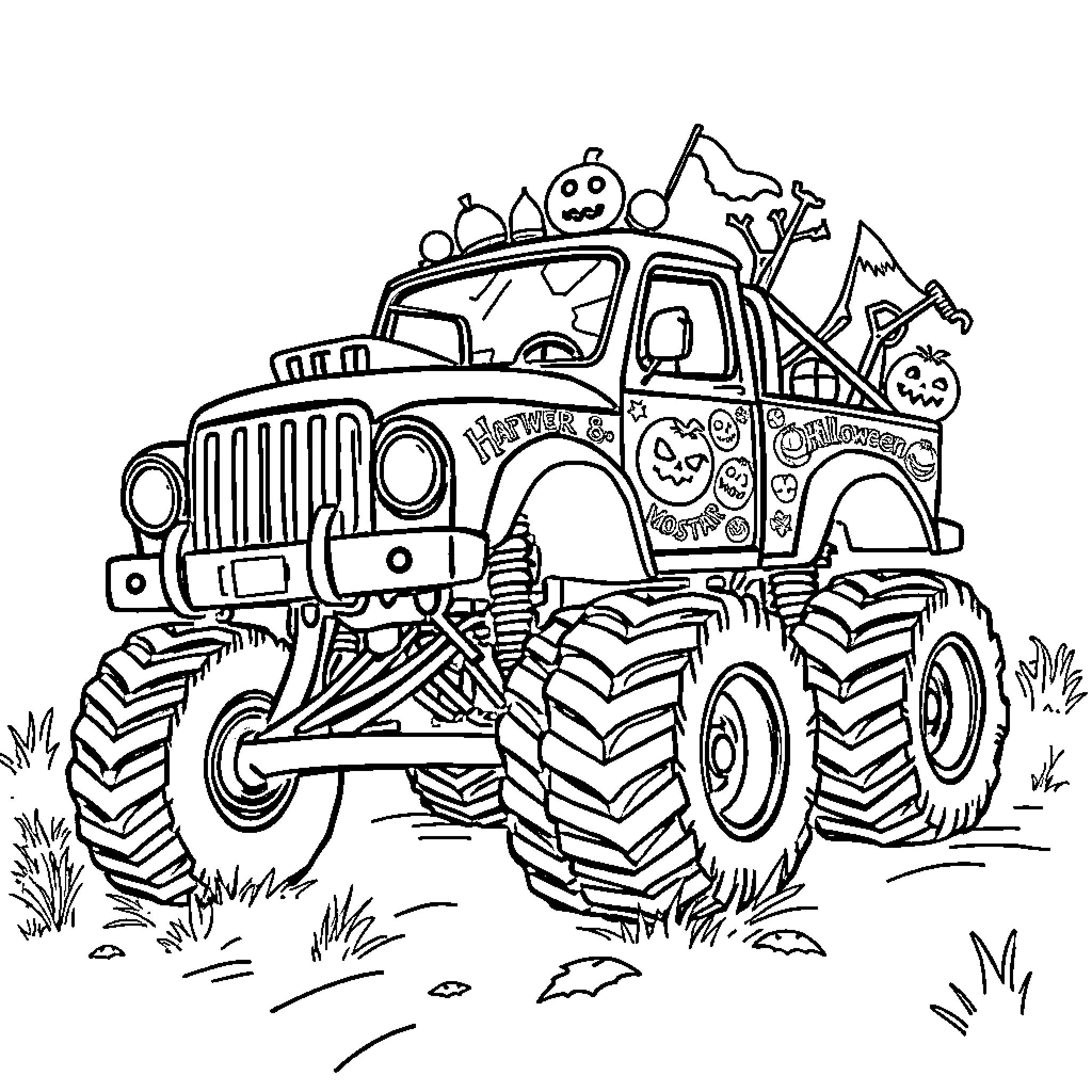 Monster Truck with Spooky Halloween Decorations Coloring Page (free black-and-white line drawing printable PDF for all, from beginners to advanced learners, including children, teens, adults, and seniors)