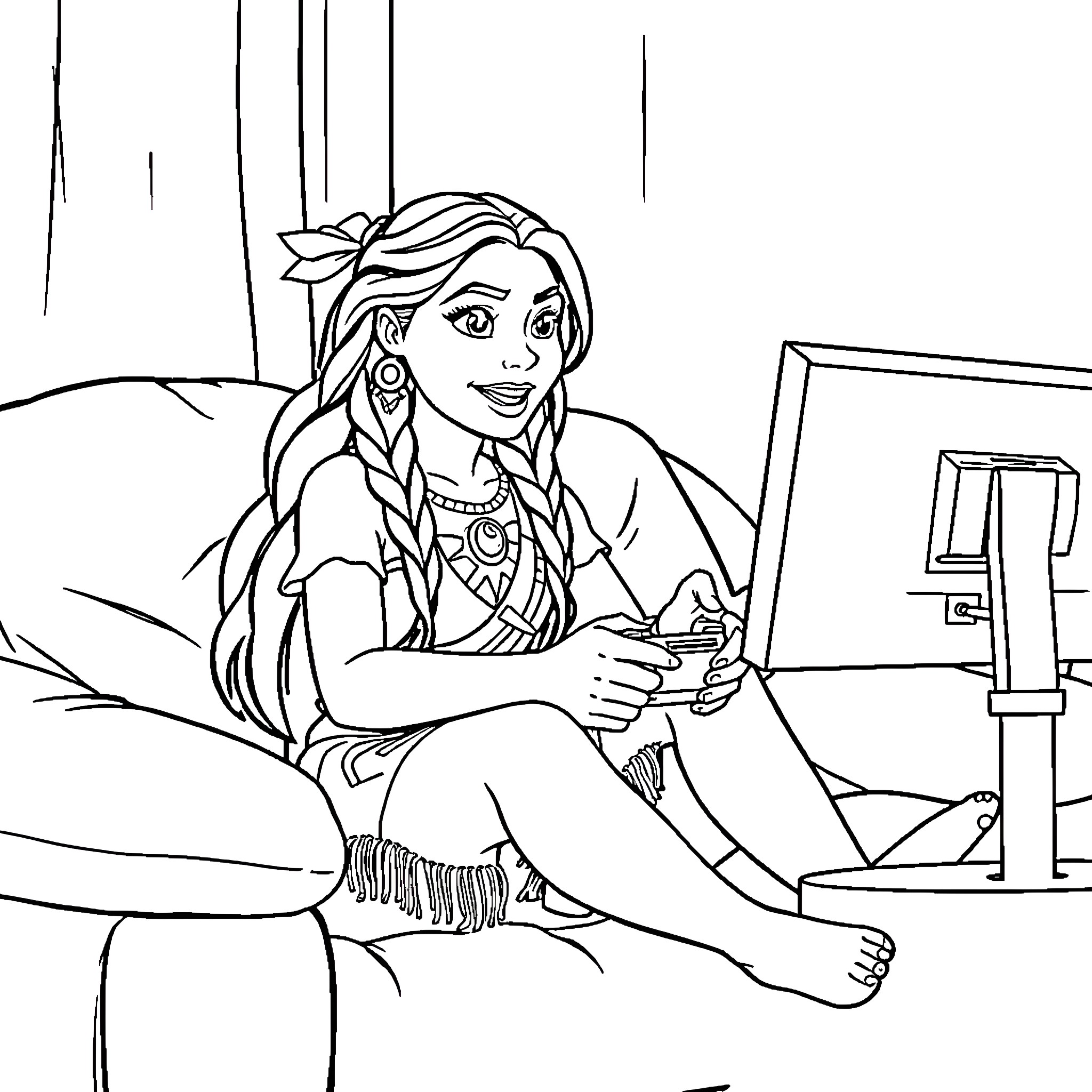 Pocahontas enjoying a relaxing moment indoors Coloring Page (free black-and-white line drawing printable PDF for all, from beginners to advanced learners, including children, teens, adults, and seniors)
