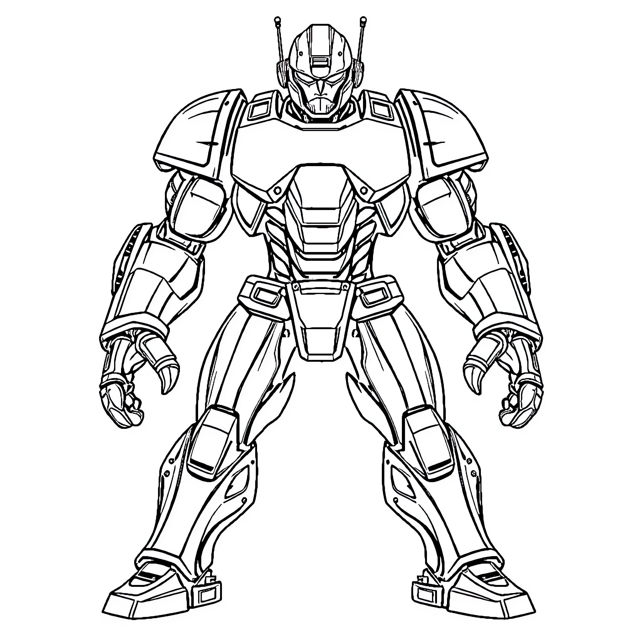 Robot Warrior in Powerful Stance Coloring Page (free black-and-white line drawing printable PDF for all, from beginners to advanced learners, including children, teens, adults, and seniors)