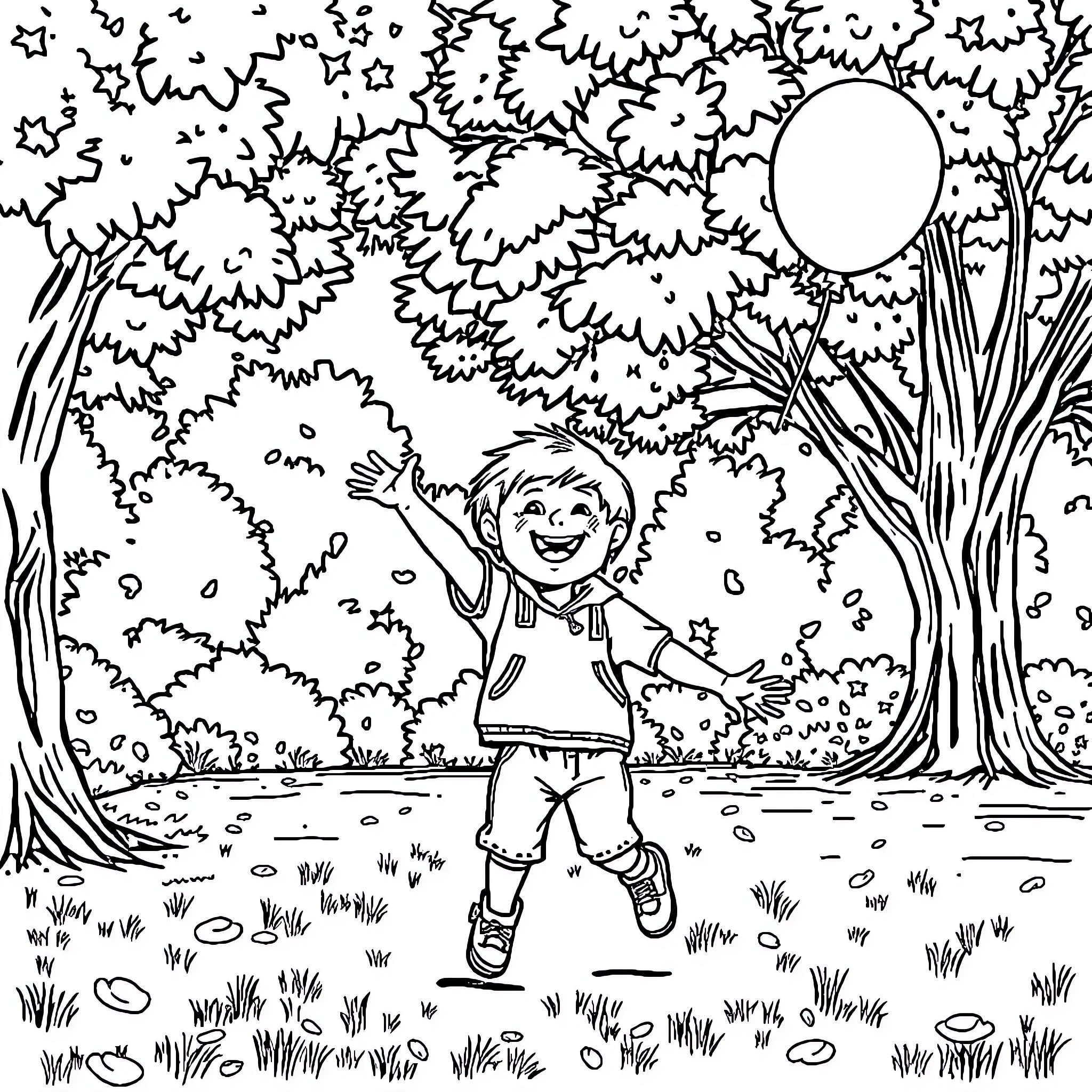 Boy playing joyfully in the whimsical forest Coloring Page (free black-and-white line drawing printable PDF for all, from beginners to advanced learners, including children, teens, adults, and seniors)