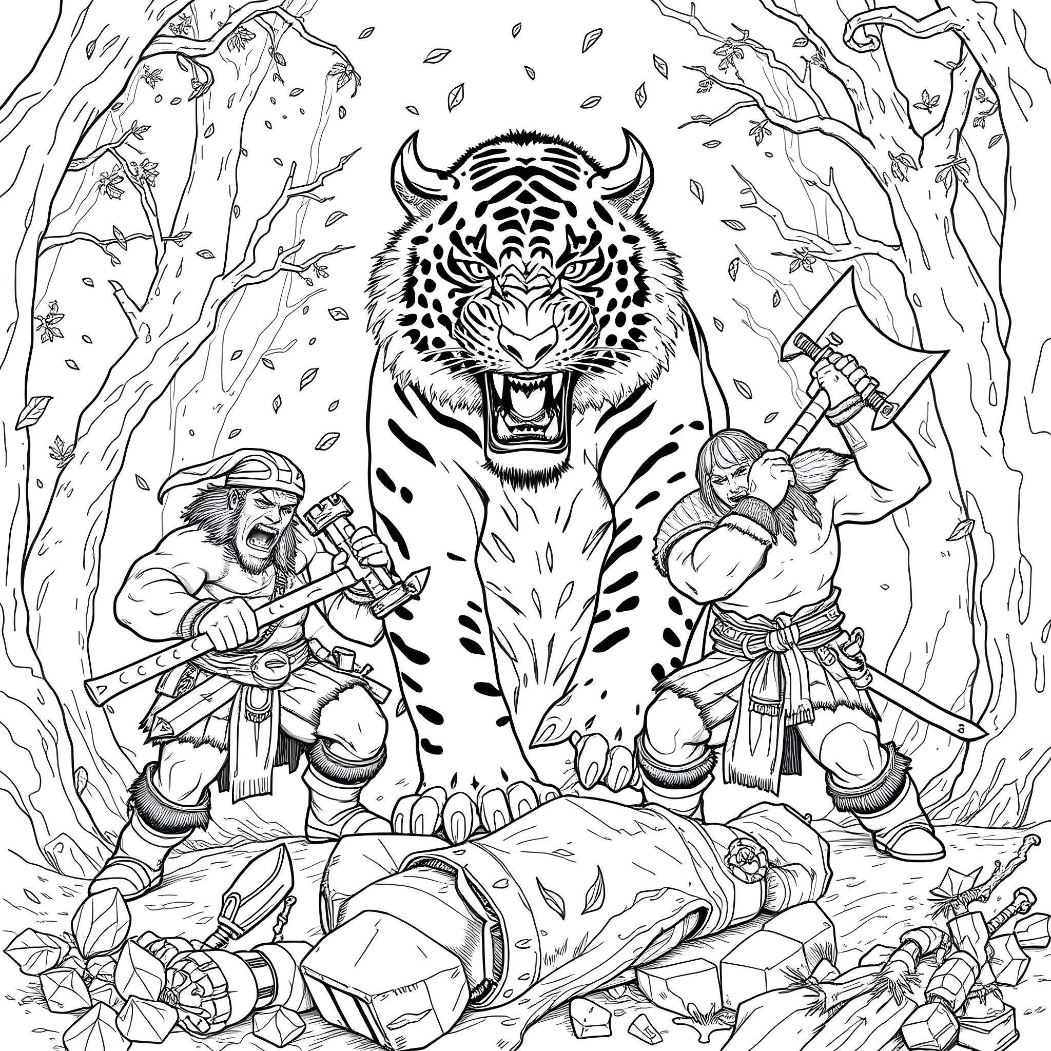Orc Warriors Battling Against a Ferocious Tiger Coloring Page (free black-and-white line drawing printable PDF for all, from beginners to advanced learners, including children, teens, adults, and seniors)