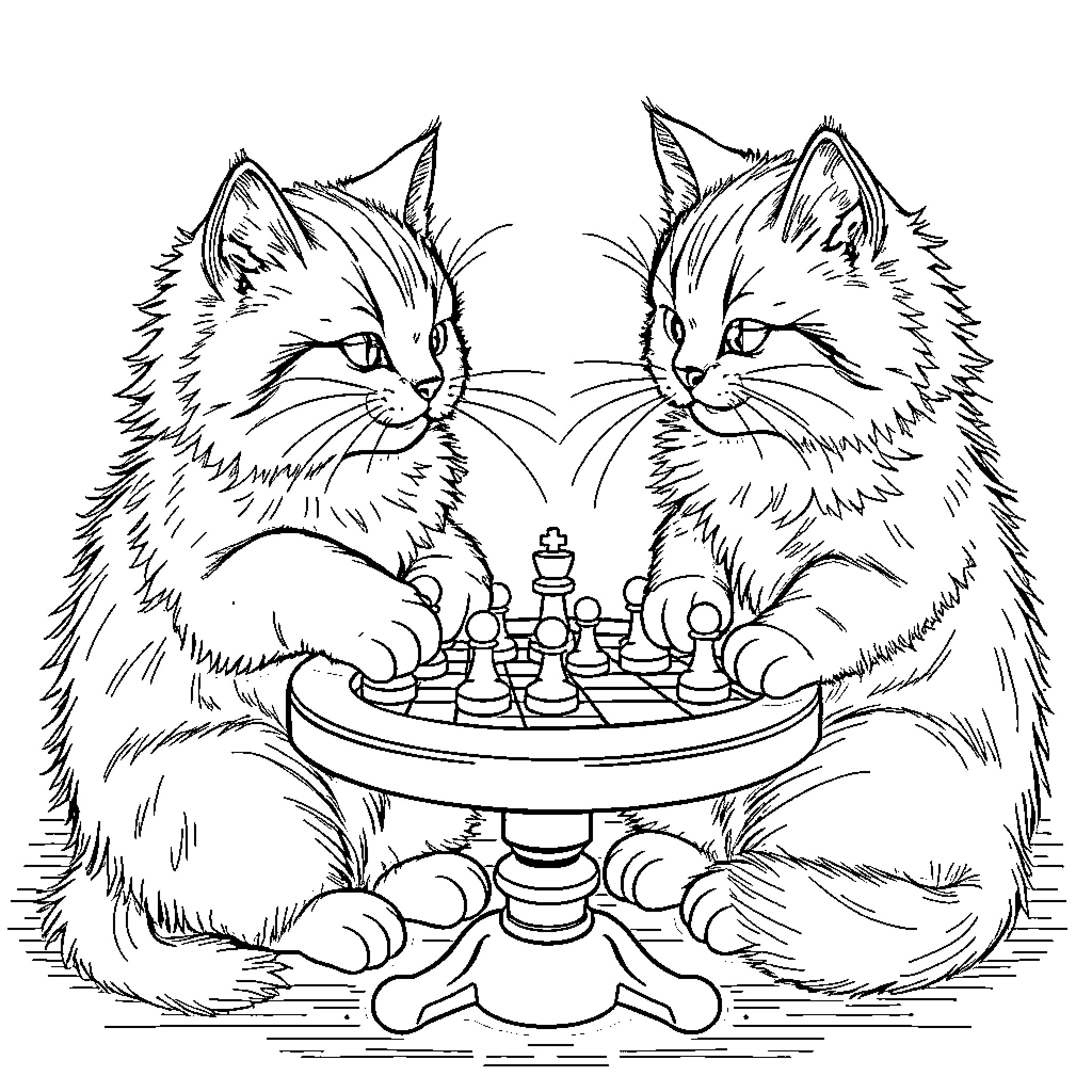 Cats playing chess on a table Coloring Page (free black-and-white line drawing printable PDF for all, from beginners to advanced learners, including children, teens, adults, and seniors)