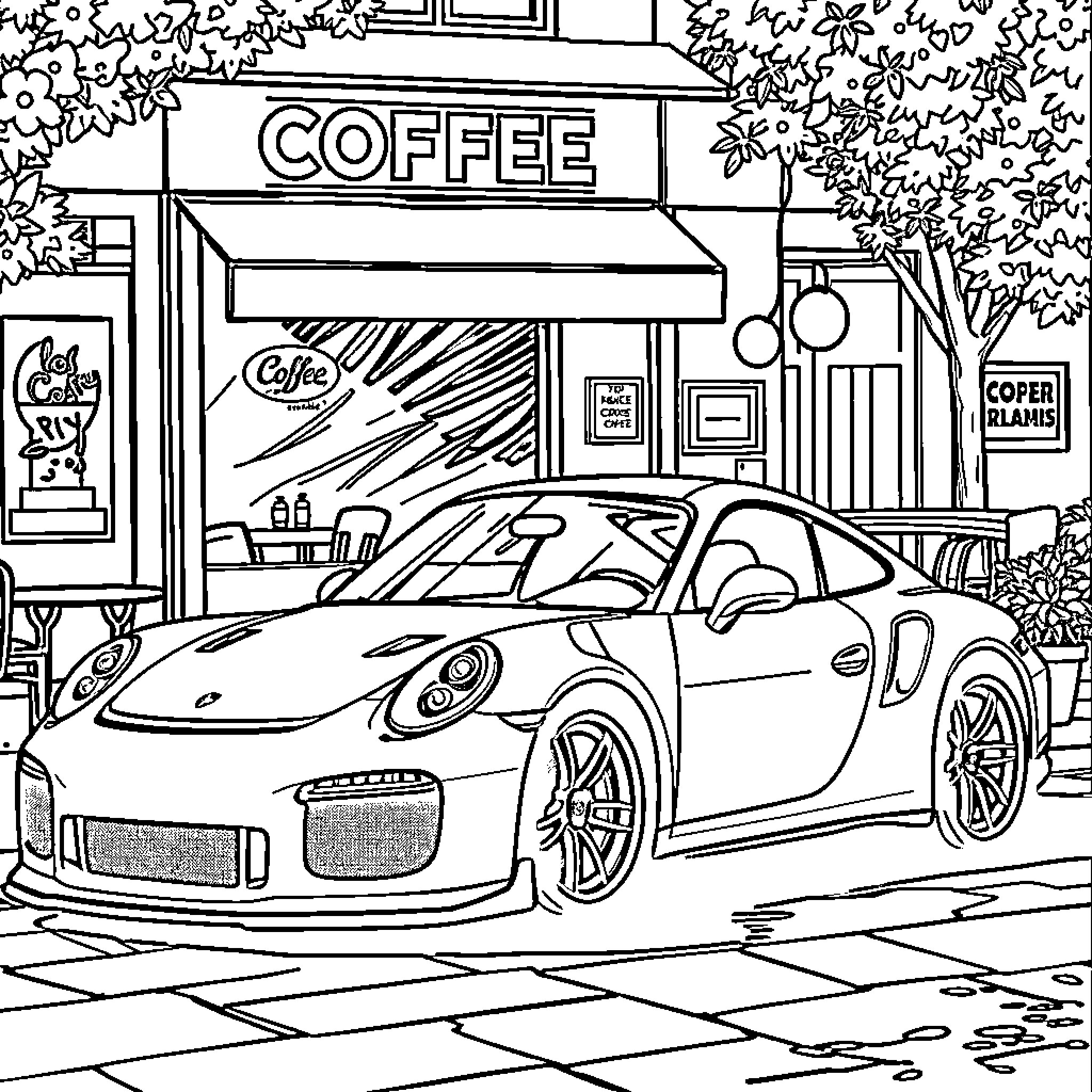 Porsche sports car outside coffee shop Coloring Page (free black-and-white line drawing printable PDF for all, from beginners to advanced learners, including children, teens, adults, and seniors)
