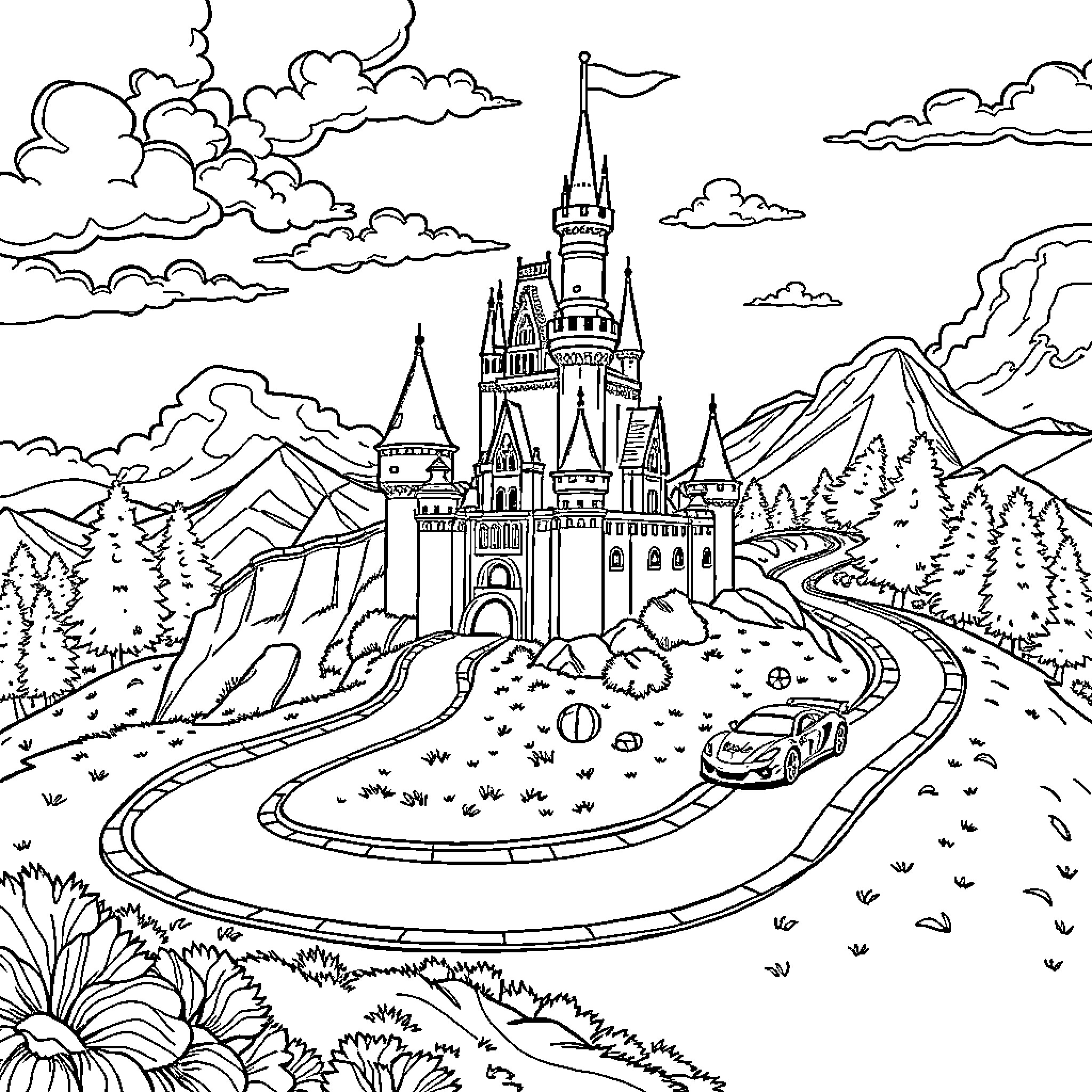 Castle in the Enchanted Landscape Coloring Page (free black-and-white line drawing printable PDF for all, from beginners to advanced learners, including children, teens, adults, and seniors)