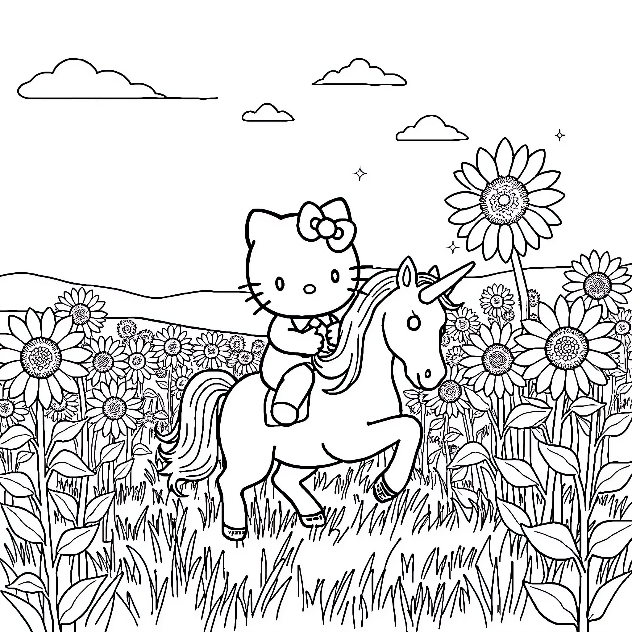 Hello Kitty riding a unicorn in a field of sunflowers Coloring Page (free black-and-white line drawing printable PDF for all, from beginners to advanced learners, including children, teens, adults, and seniors)