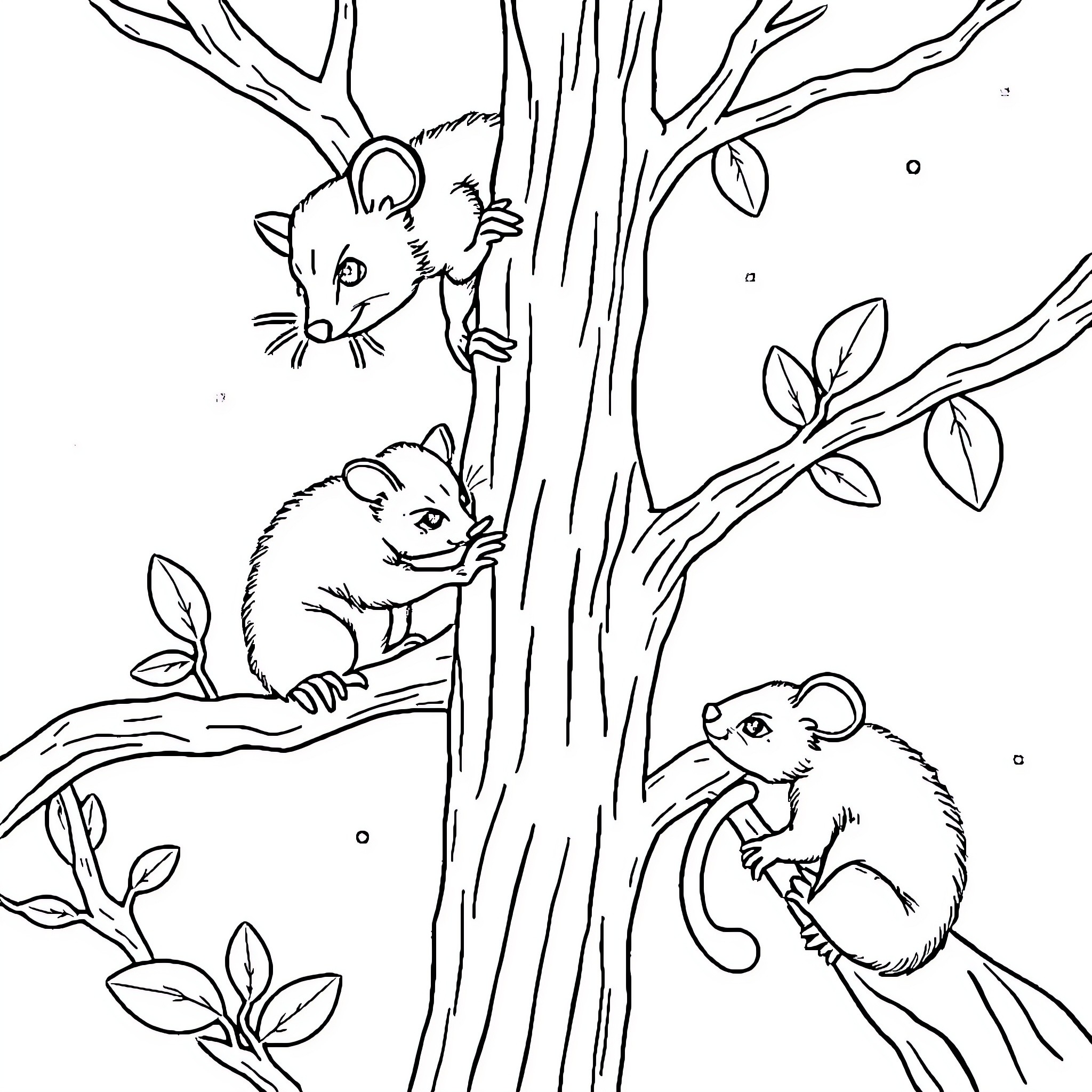 Possum Pals Playing in the Forest Coloring Page (free black-and-white line drawing printable PDF for all, from beginners to advanced learners, including children, teens, adults, and seniors)