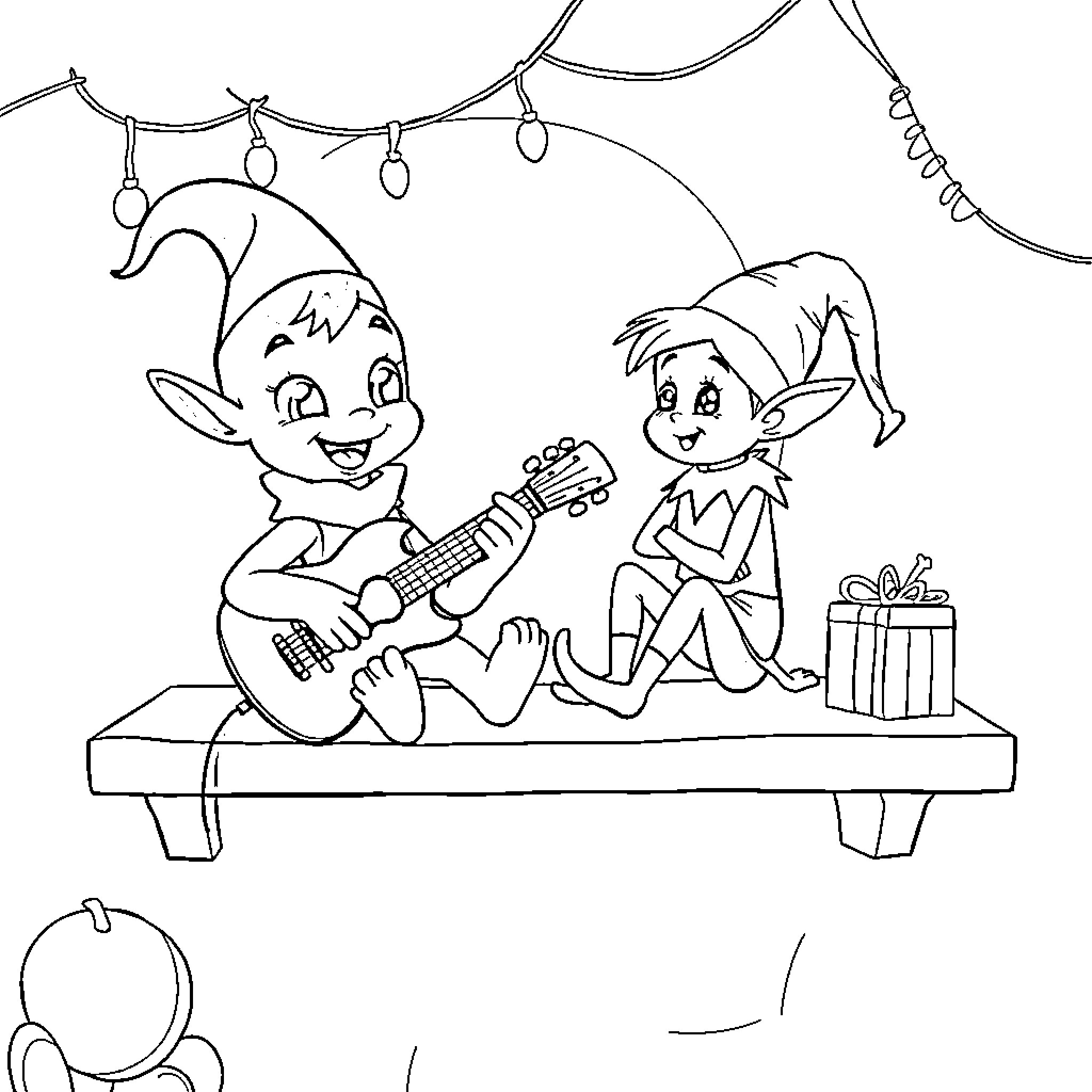 Bluey Elves Jamming and Celebrating Coloring Page (free black-and-white line drawing printable PDF for all, from beginners to advanced learners, including children, teens, adults, and seniors)
